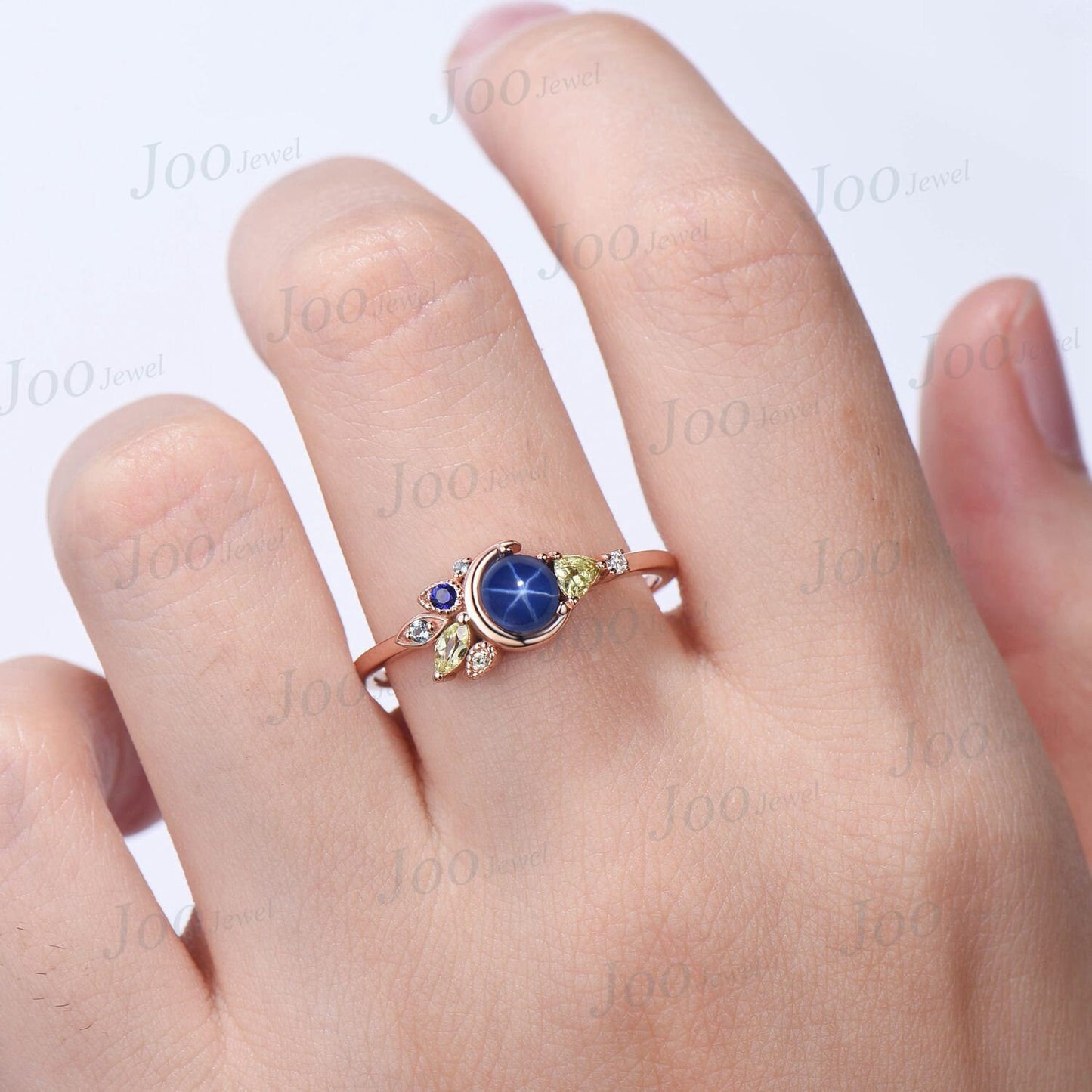 Round Star Sapphire Engagement Ring Moon Wedding Ring Personalized Peridot Milgrain Multi-Stone Cluster Engagement Ring Unique Promise Ring