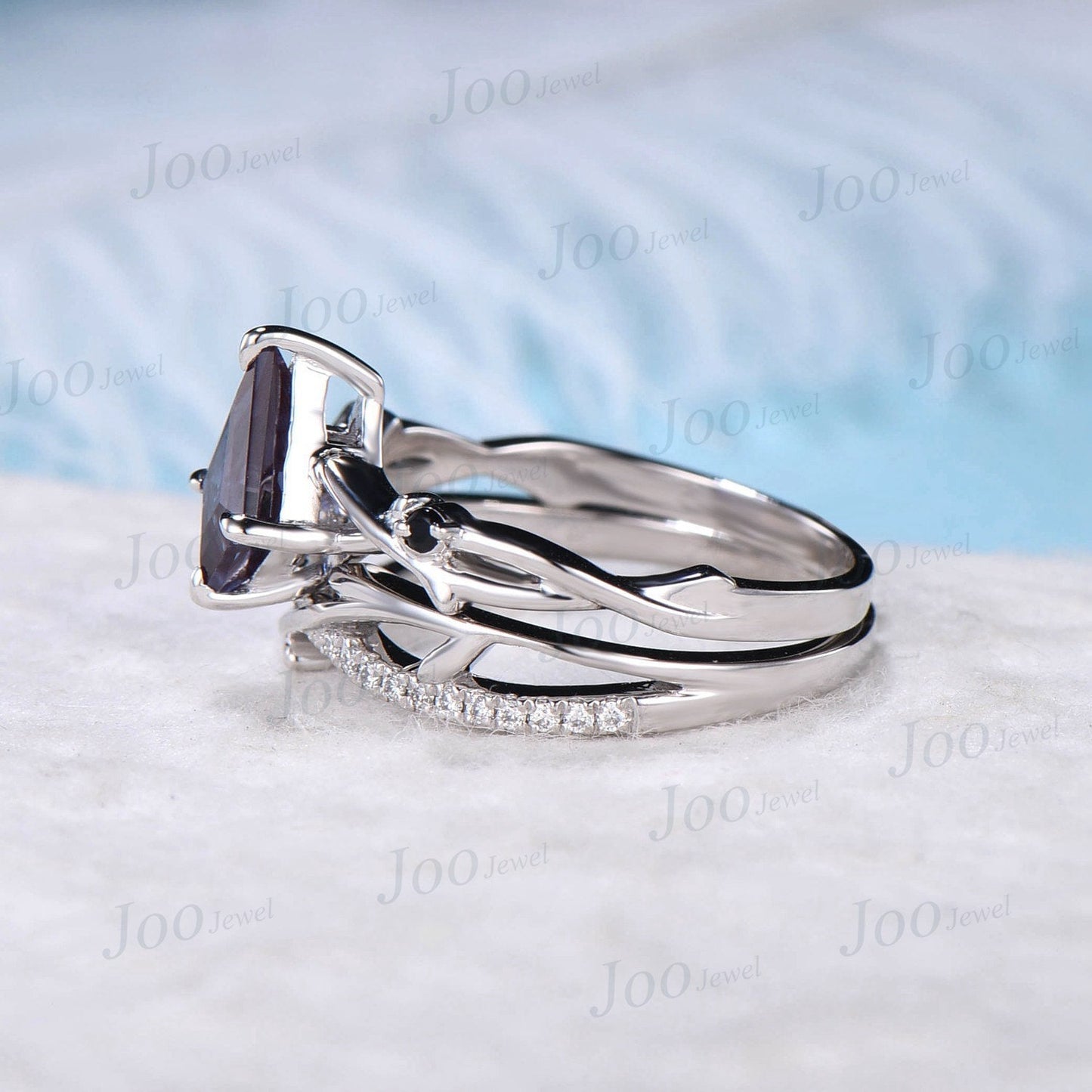 Kite Cut Color Changing Alexandrite Ring Sterling Silver Twig Alexandrite Engagement Ring Set Nature Inspired Jewelry Unique Promise Gift