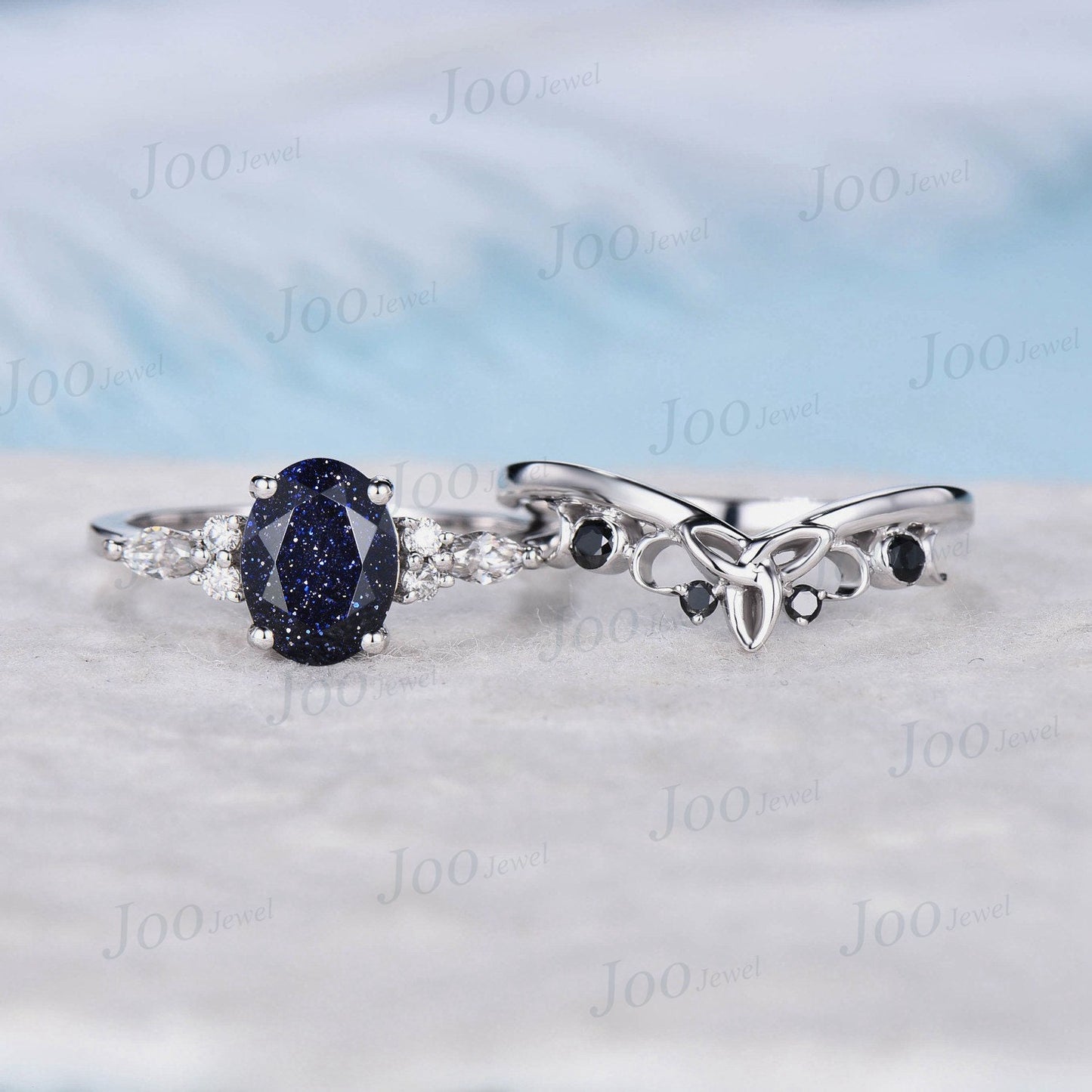 1.5ct Oval Starry Sky Blue Sandstone Engagement Ring Set 14K White Gold Silver Vintage Black Diamond Promise Ring Moissanite Wedding Ring