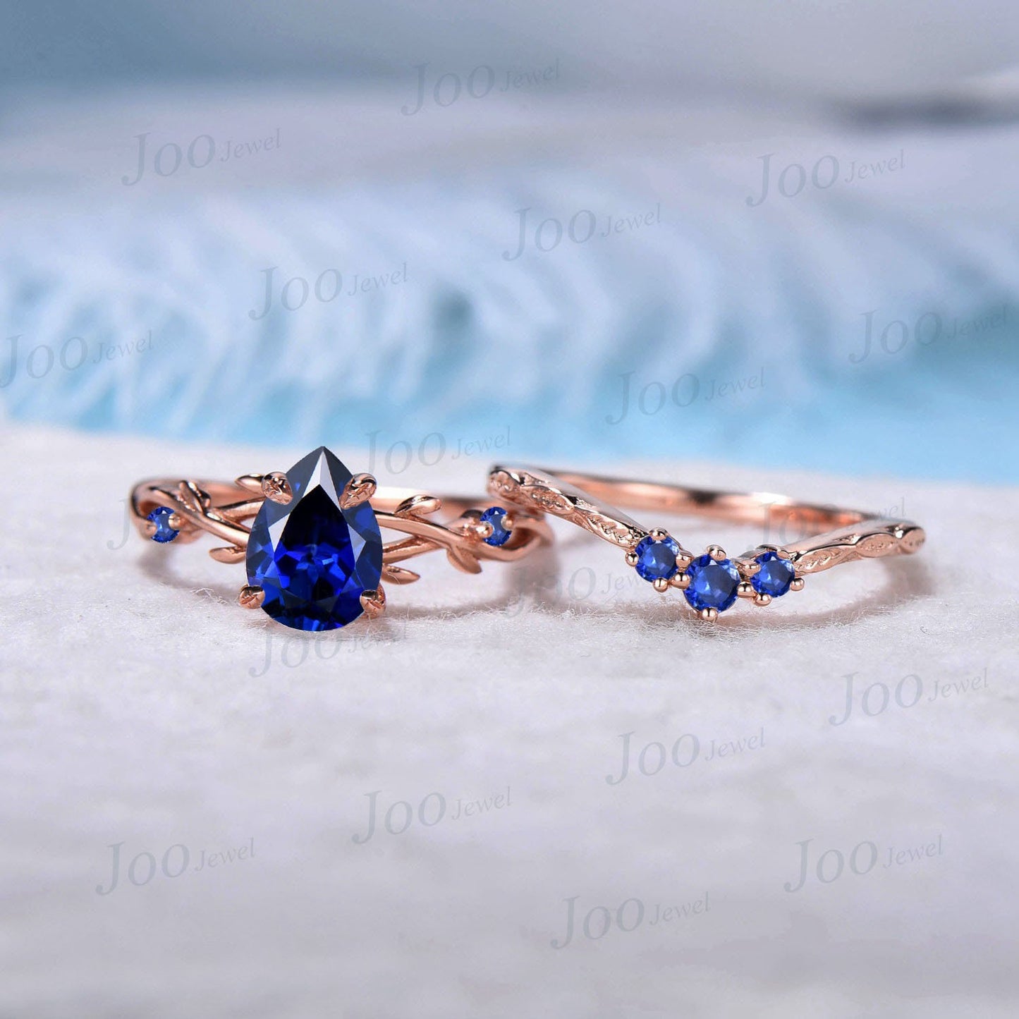 1.25ct Pear Royal Blue Sapphire Engagement Ring Set Rose Gold Twig Nature Inspired Blue Sapphire Bridal Set Twisted Leaf Branch Ring Vintage