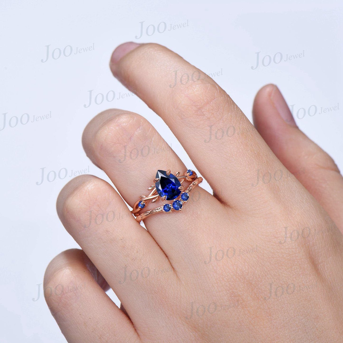 1.25ct Pear Royal Blue Sapphire Engagement Ring Set Rose Gold Twig Nature Inspired Blue Sapphire Bridal Set Twisted Leaf Branch Ring Vintage