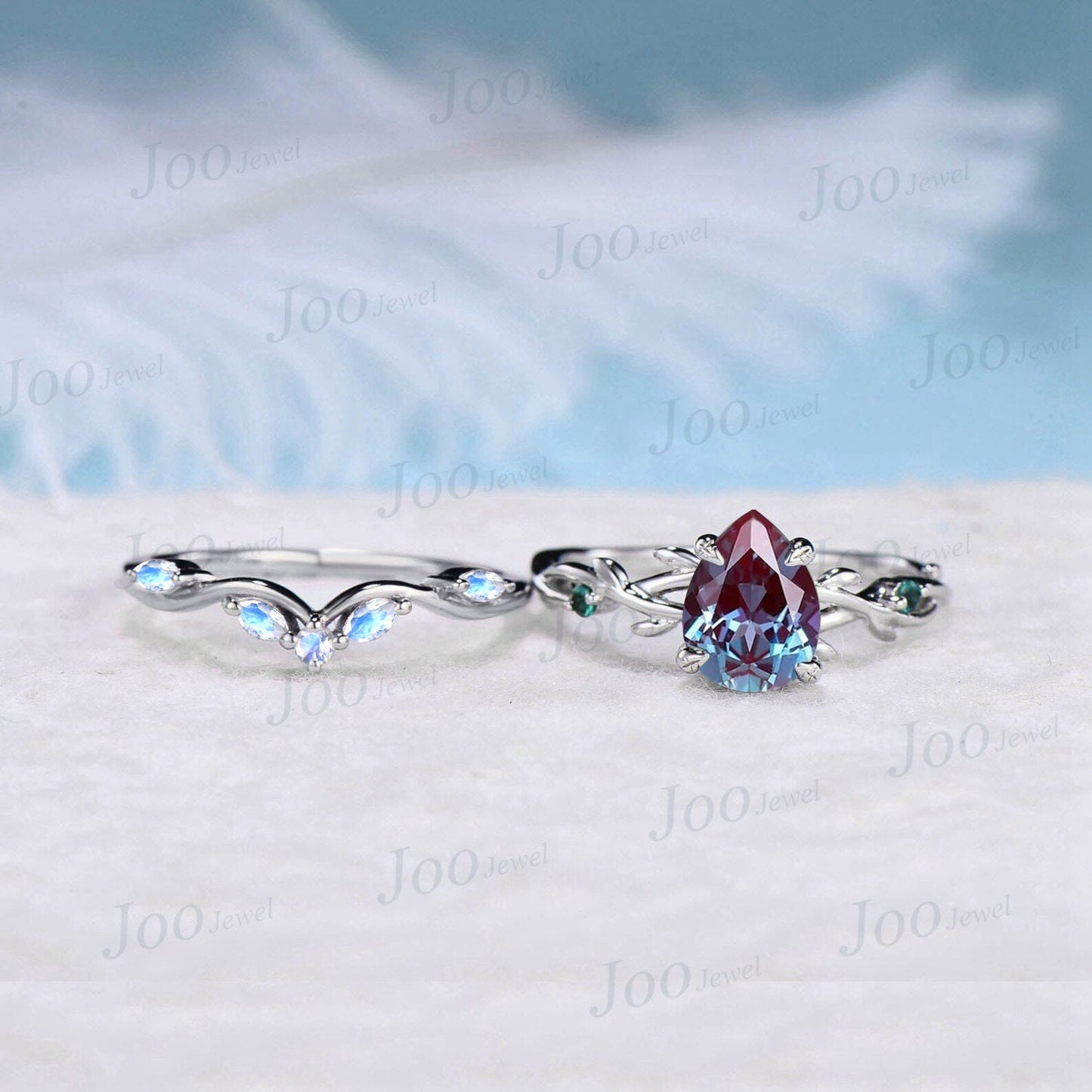 Twig Vine Teardrop Alexandrite Ring Set 1.25ct Nature Color-Change Alexandrite Moonstone Emerald Bridal Set Unique June Birthstone Gifts