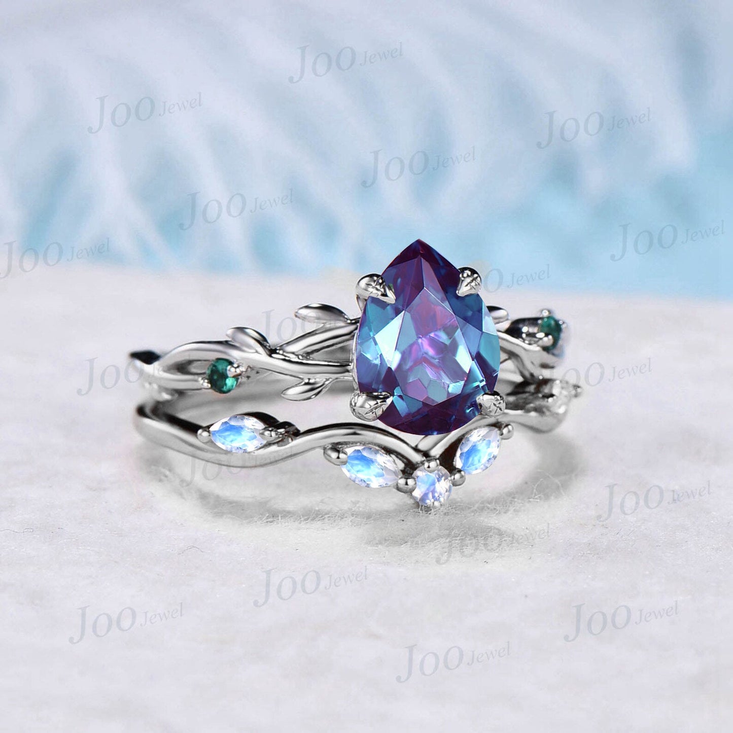Twig Vine Teardrop Alexandrite Ring Set 1.25ct Nature Color-Change Alexandrite Moonstone Emerald Bridal Set Unique June Birthstone Gifts