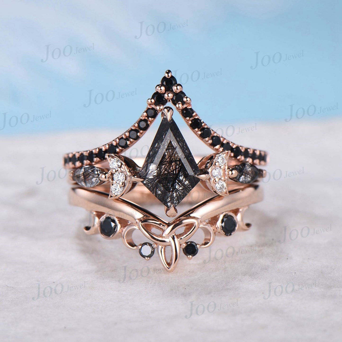 Celestial Engagement Ring Triple Moon Goddess Natural Black Rutilated Quartz Ring Rose Gold Kite Black Wedding Bridal Set Moon Phase Ring