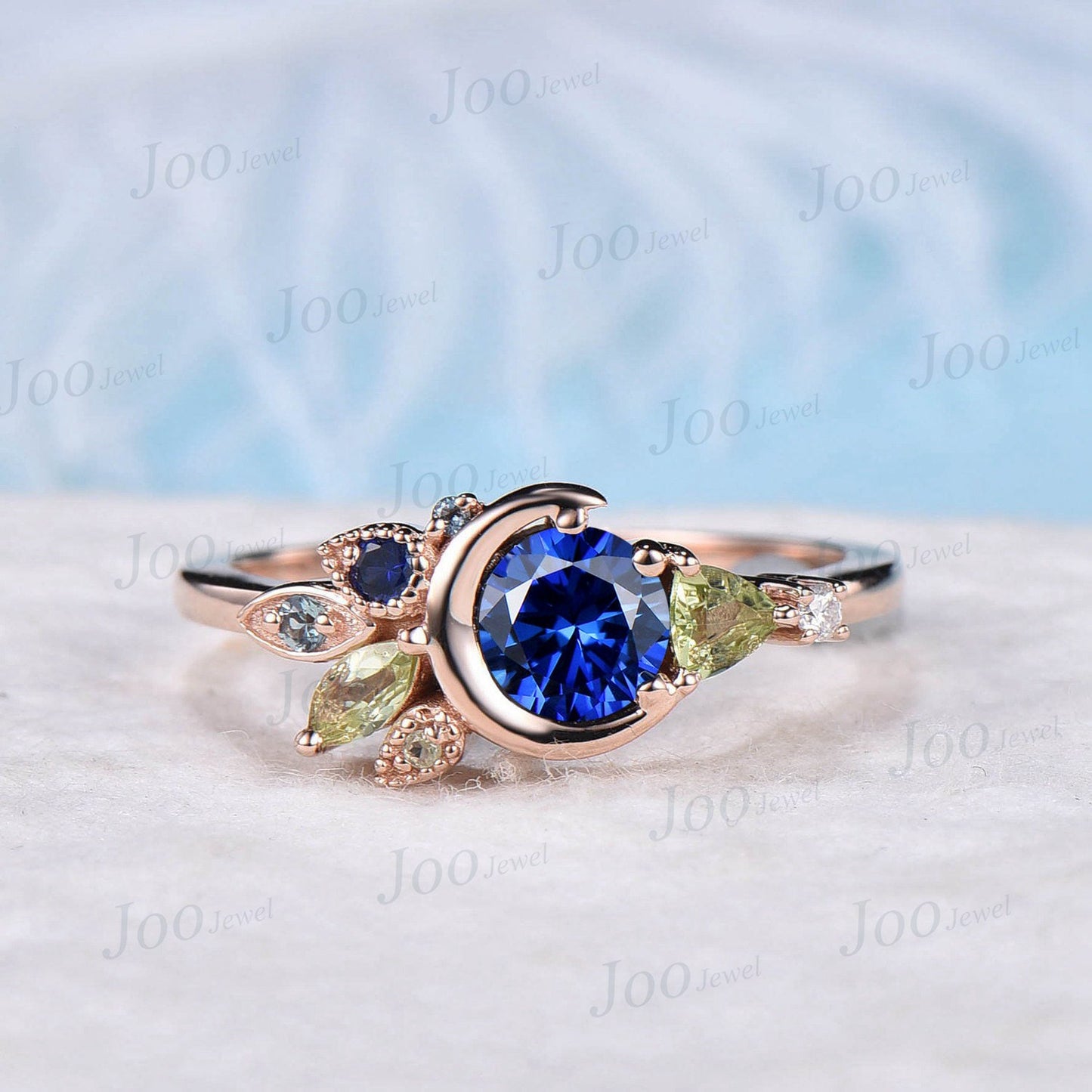 Round Blue Sapphire Engagement Ring Unique Crescent Moon Wedding Ring Personalized Milgrain Multi-Birthstone Peridot Cluster Promise Rings