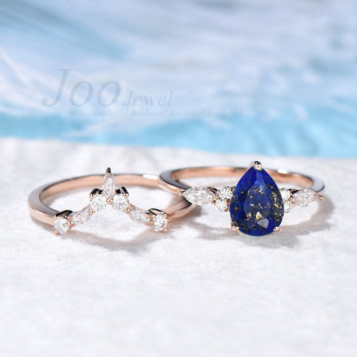 1.25ct Teardrop Natural Blue Lapis Lazuli Engagement Ring Set Sterling Silver Lapis Gold Bridal Set Blue Gemstone Lapis Jewelry Promise Ring
