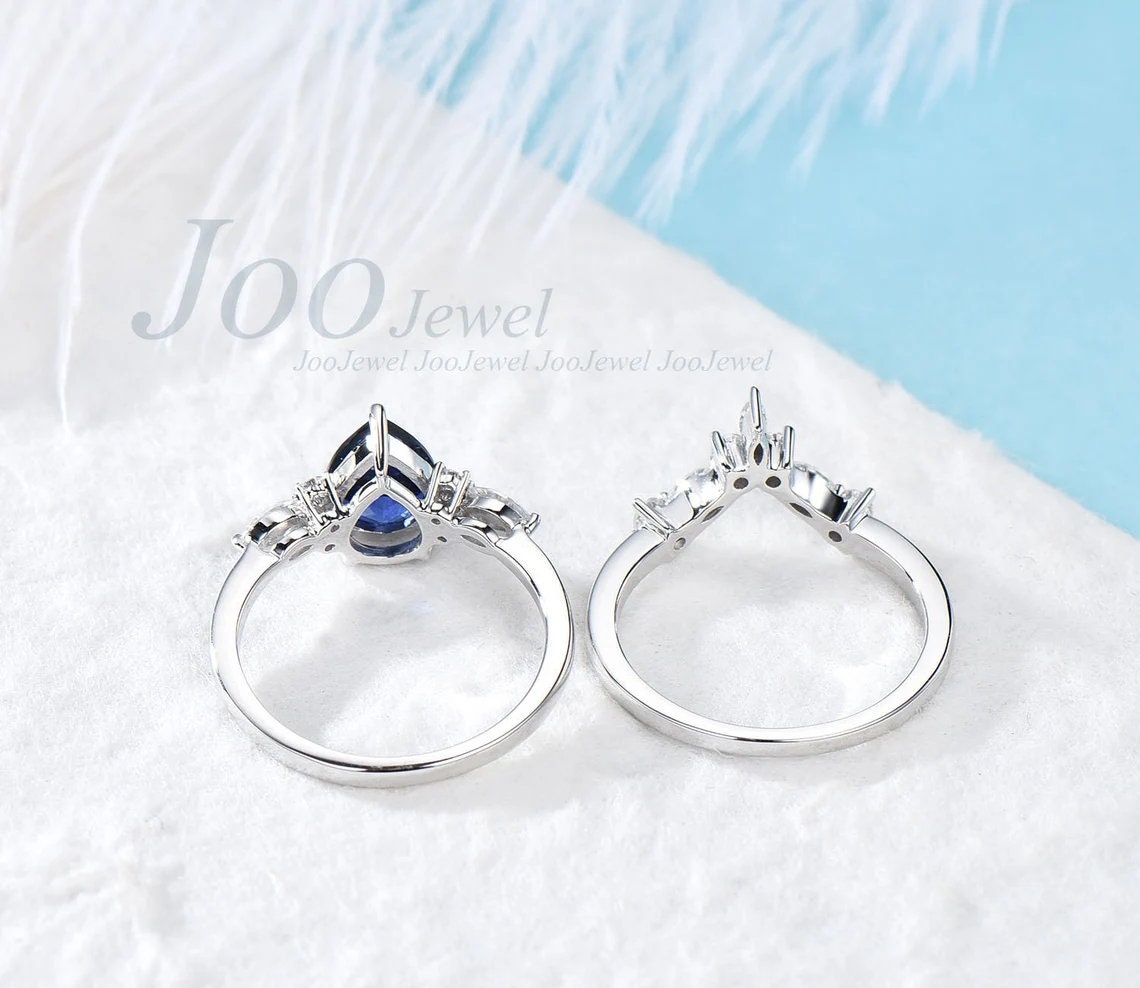1.25ct Teardrop Natural Blue Lapis Lazuli Engagement Ring Set Sterling Silver Lapis Gold Bridal Set Blue Gemstone Lapis Jewelry Promise Ring
