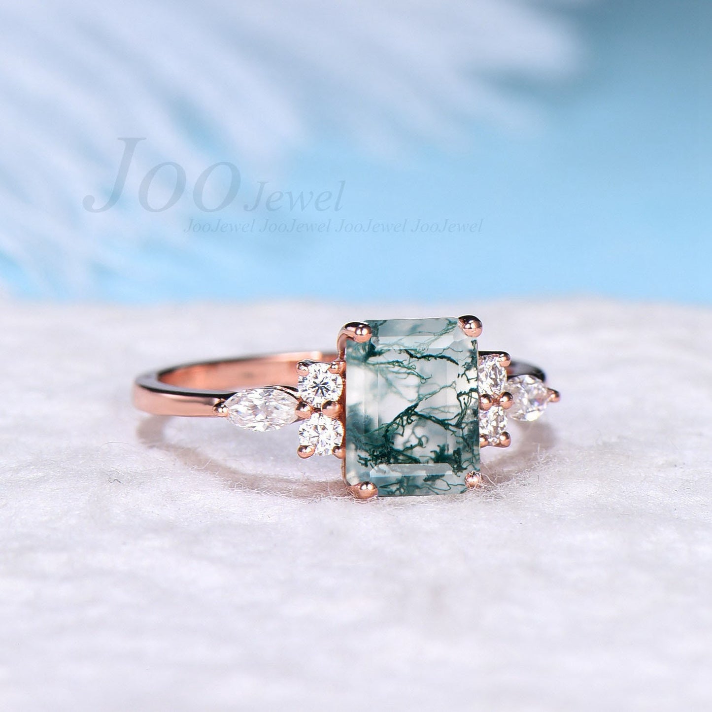 2ct Emerald Cut Natural Moss Agate Ring Antique Aquatic Agate Stone Ring Sterling Silver Hypoallergenic Cluster Green Wedding Promise Ring
