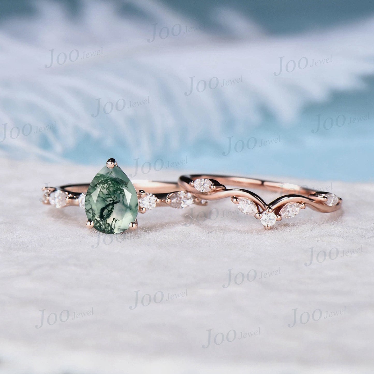 1.25ct Pear Natural Moss Agate Promise Ring Set Green Gemstone Jewelry Half Eternity Curve Moissanite Wedding Band Nature Moss Bridal Set