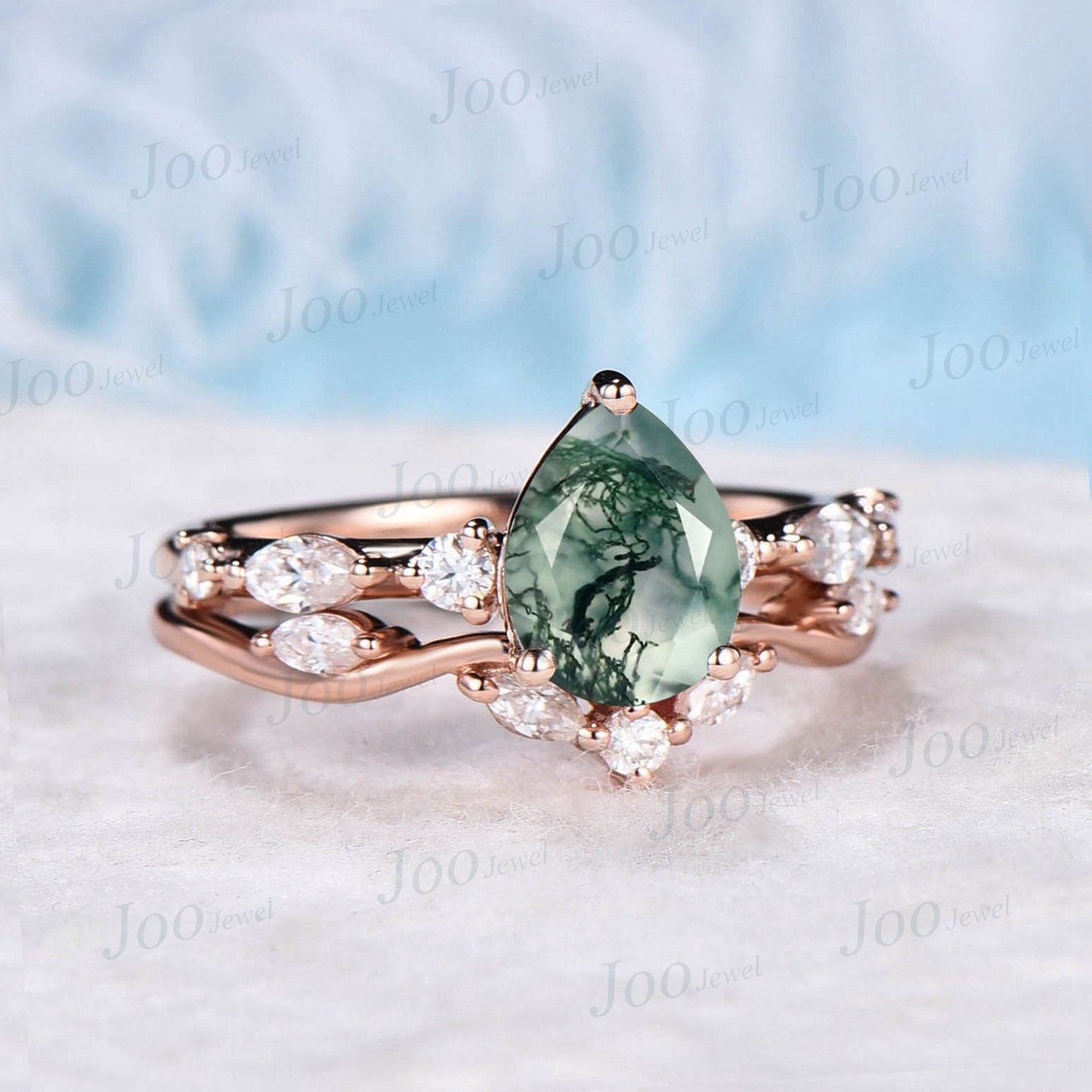 1.25ct Pear Natural Moss Agate Promise Ring Set Green Gemstone Jewelry Half Eternity Curve Moissanite Wedding Band Nature Moss Bridal Set
