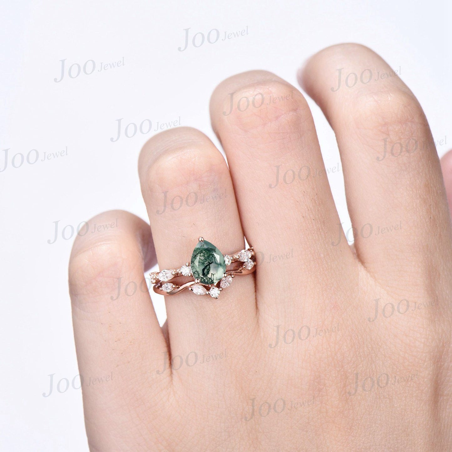 1.25ct Pear Natural Moss Agate Promise Ring Set Green Gemstone Jewelry Half Eternity Curve Moissanite Wedding Band Nature Moss Bridal Set
