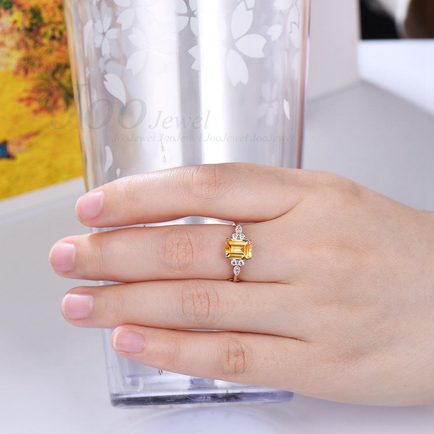Emerald Cut Natural Citrine Ring Vintage 2ct Citrine Wedding Ring Sterling Silver Gold Citrine Engagement Ring November Birthstone Jewelry