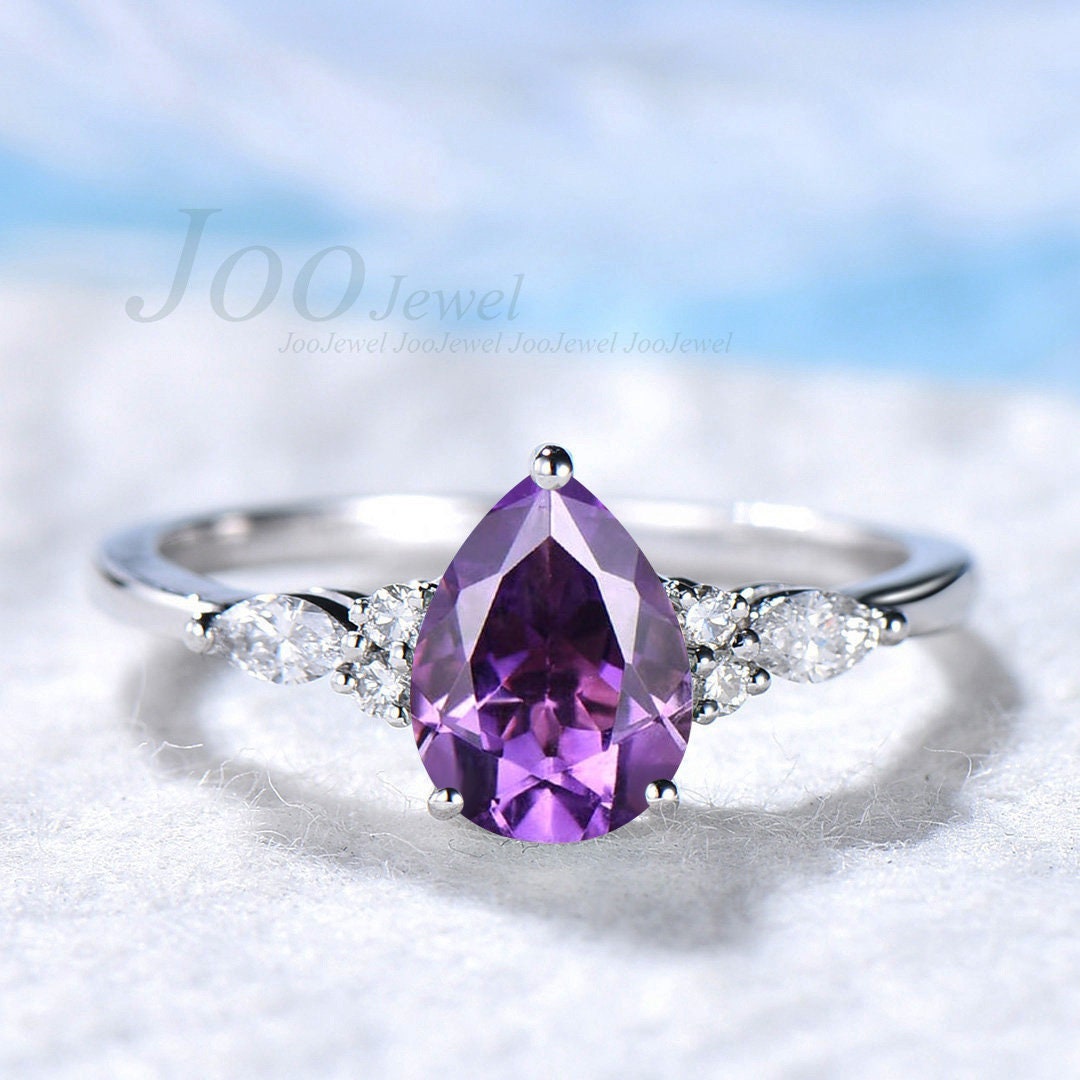 Teardrop Amethyst Promise Ring Rose Gold Silver 1.25ct Pear Natural Amethyst Crystal Wedding Ring Unique February Birthstone Birthday Gift
