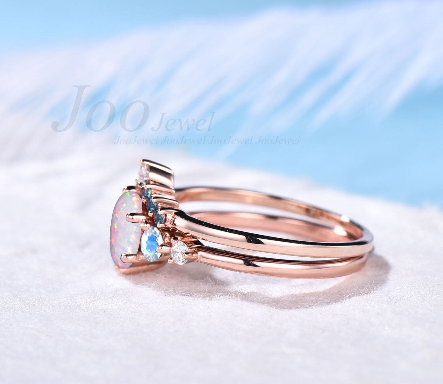 7mm Round White Opal Engagement Ring Vintage 10K Rose Gold Moonstone Wedding Ring Alexandrite Wedding Band Unique October Birthstone Gift