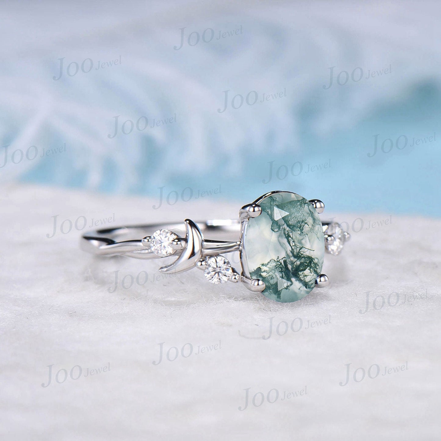 Moon Engagement Ring 10K Rose Gold Oval Cut Natural Moss Agate Ring Cluster Opal Moissanite Celestial Wedding Ring Half Moon Moon Magic Ring