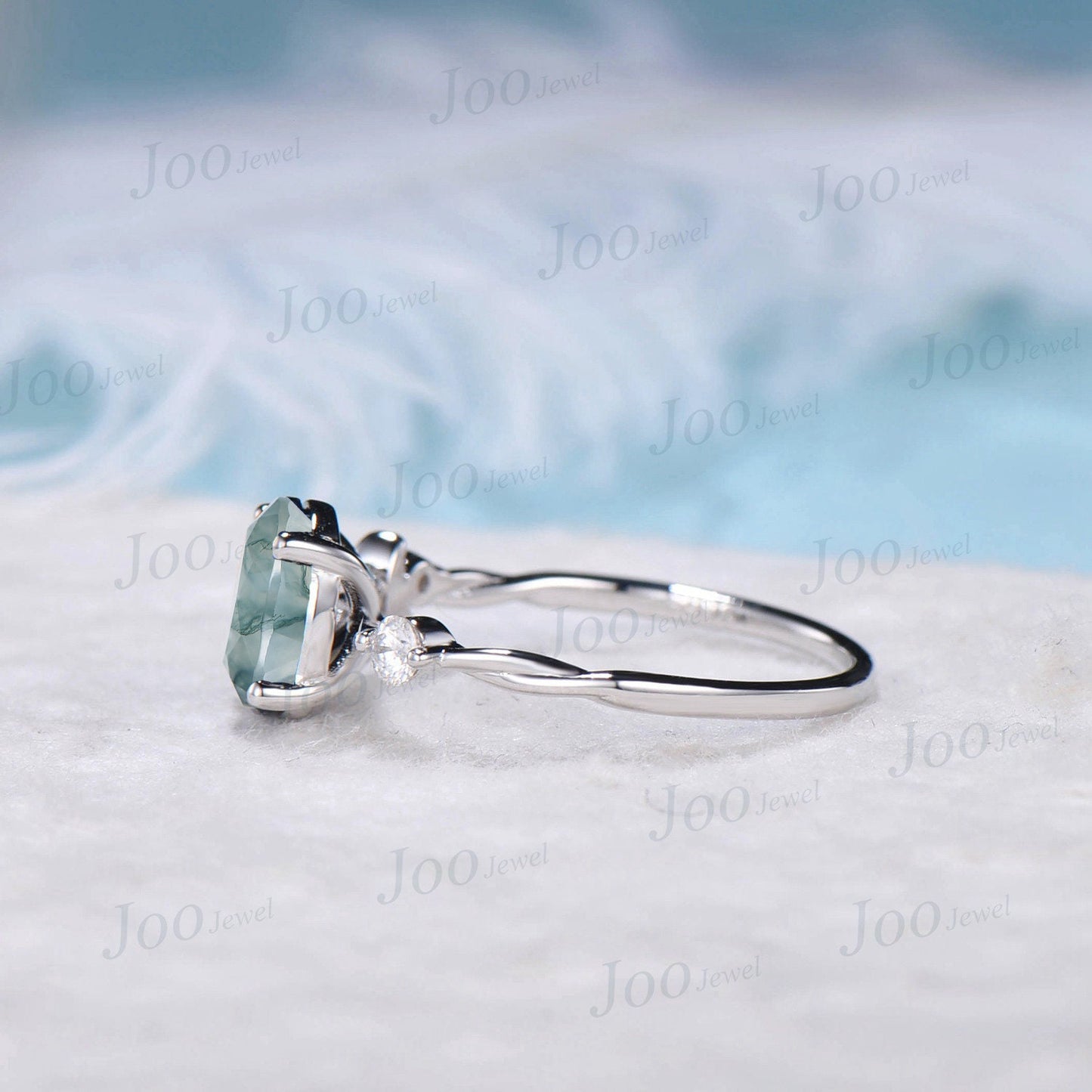 Moon Engagement Ring 10K Rose Gold Oval Cut Natural Moss Agate Ring Cluster Opal Moissanite Celestial Wedding Ring Half Moon Moon Magic Ring