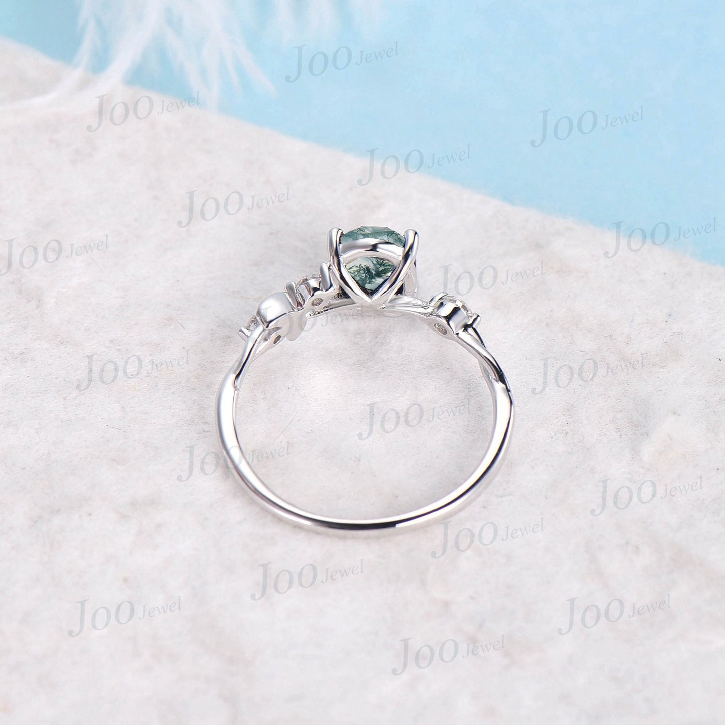 Moon Engagement Ring 10K Rose Gold Oval Cut Natural Moss Agate Ring Cluster Opal Moissanite Celestial Wedding Ring Half Moon Moon Magic Ring