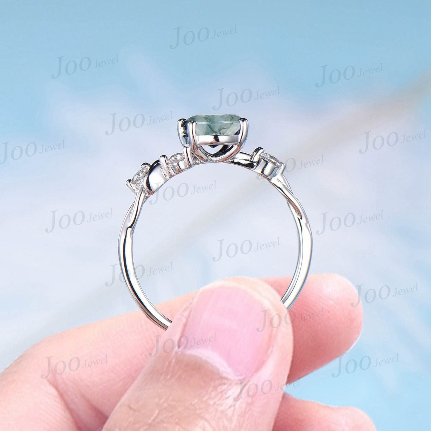 Moon Engagement Ring 10K Rose Gold Oval Cut Natural Moss Agate Ring Cluster Opal Moissanite Celestial Wedding Ring Half Moon Moon Magic Ring