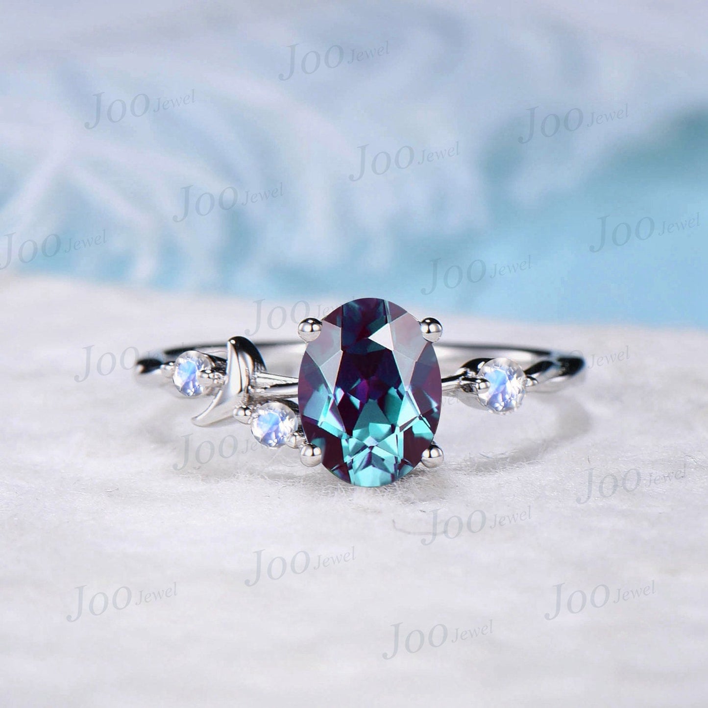 Moon Engagement Ring 10K Rose Gold Oval Cut Color-Change Alexandrite Ring Cluster Moonstone Celestial Wedding Ring Half Moon Moon Magic Ring