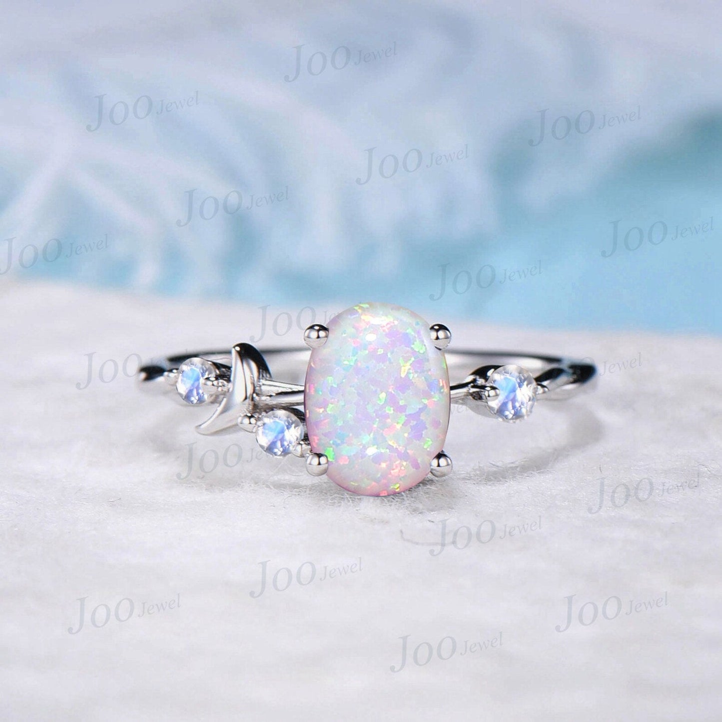 Crescent Moon Ring 10K Rose Gold White Opal Moon Engagement Ring Natural Moonstone Celestial Wedding Ring Moon Phase Moon of My Life Ring