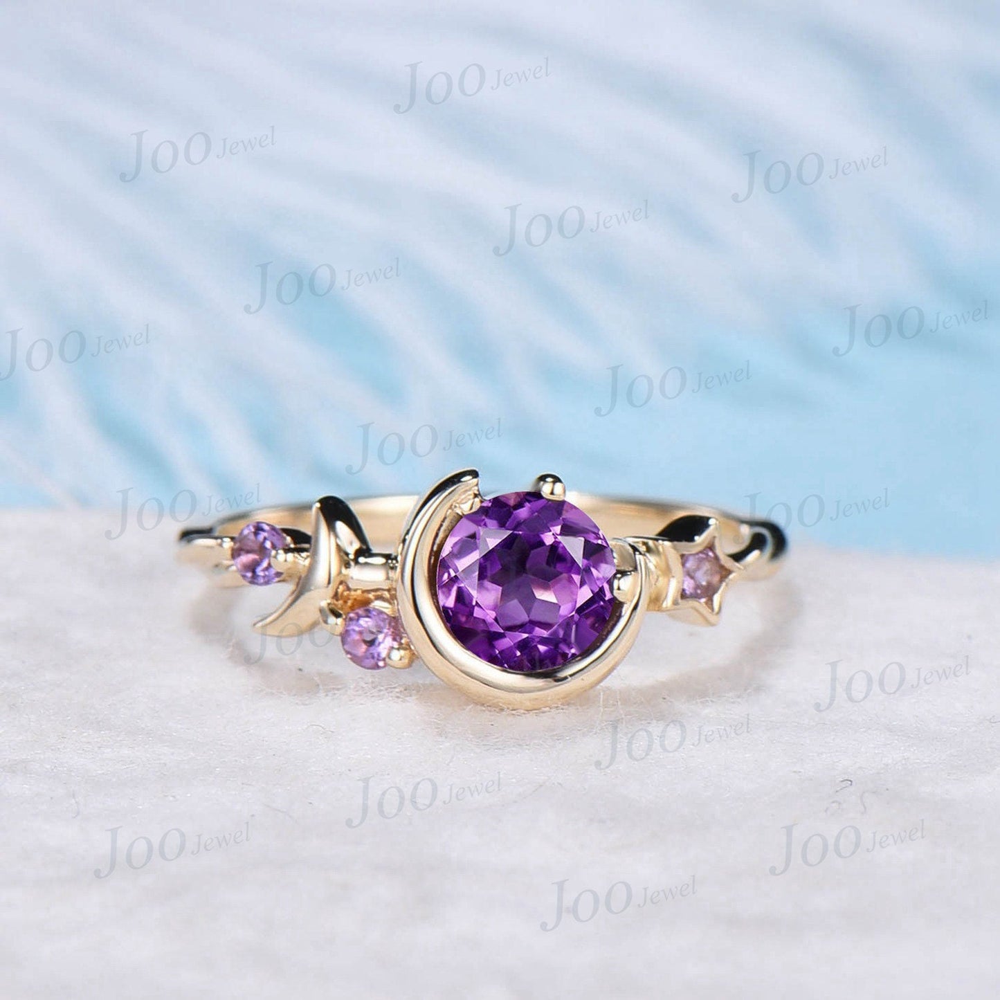 Round Natural Amethyst Wedding Ring Moon Star Cluster Engagement Ring 10K Rose Gold Purple Crystal Celestial Asymmetrical Ring Promise Ring