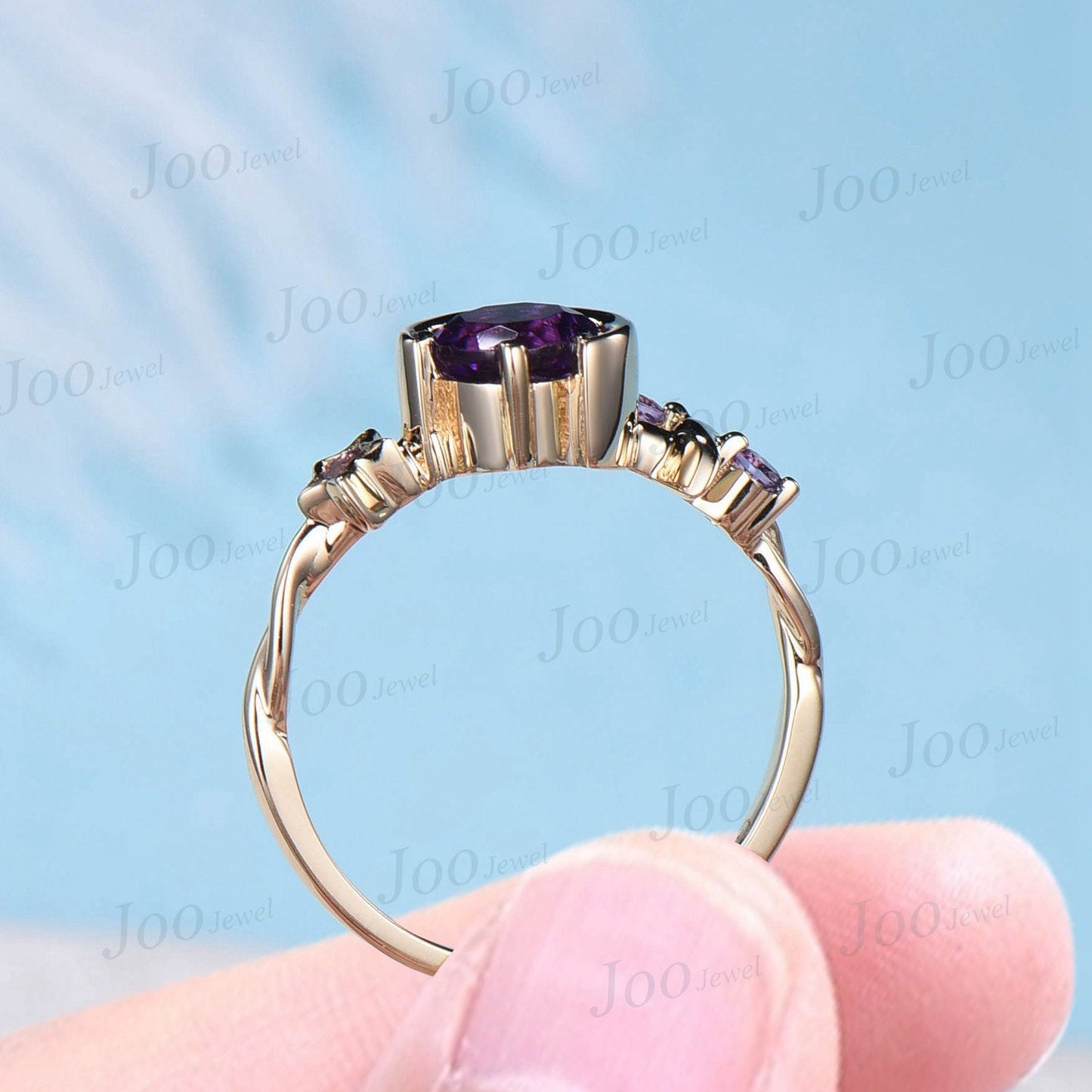 Round Natural Amethyst Wedding Ring Moon Star Cluster Engagement Ring 10K Rose Gold Purple Crystal Celestial Asymmetrical Ring Promise Ring