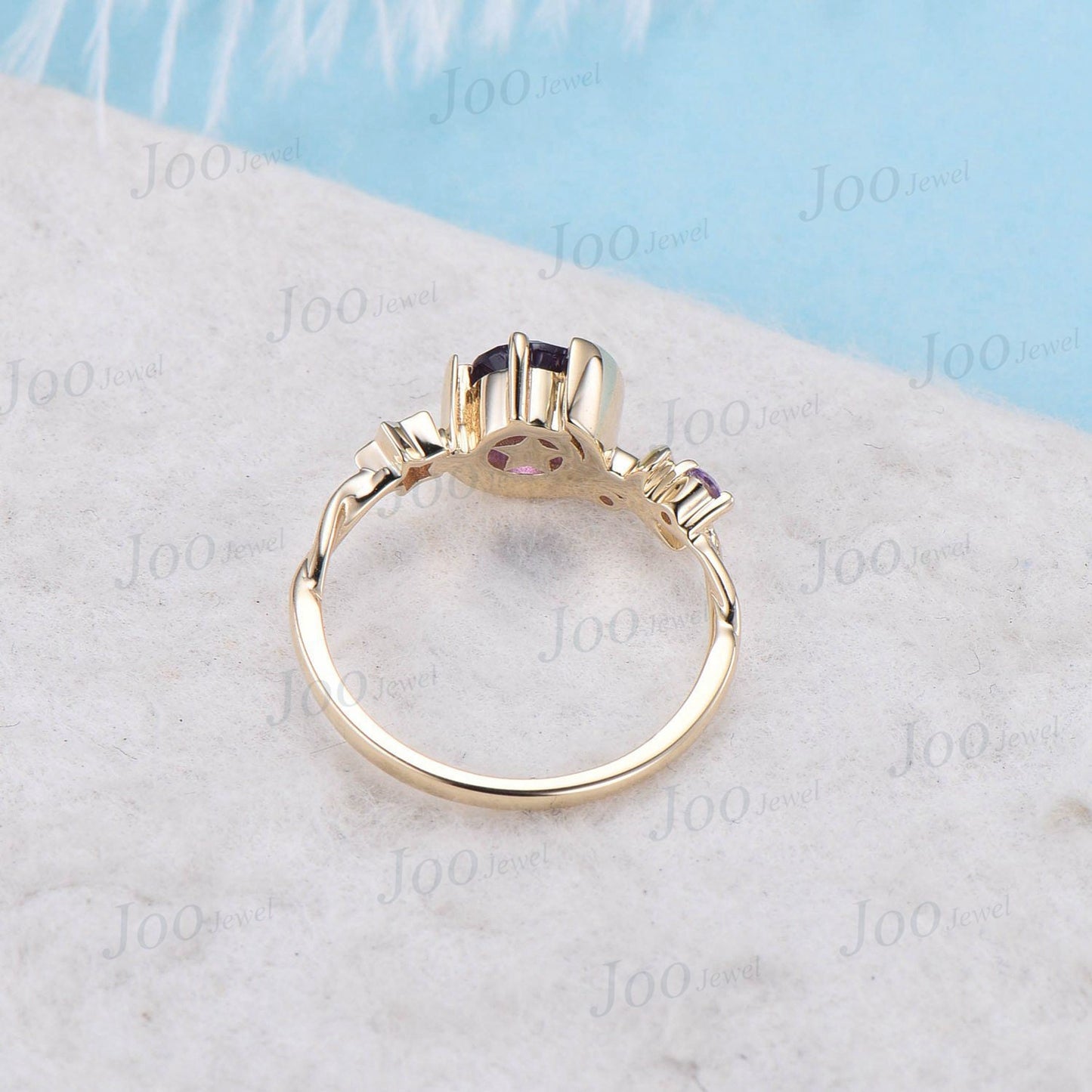 Round Natural Amethyst Wedding Ring Moon Star Cluster Engagement Ring 10K Rose Gold Purple Crystal Celestial Asymmetrical Ring Promise Ring