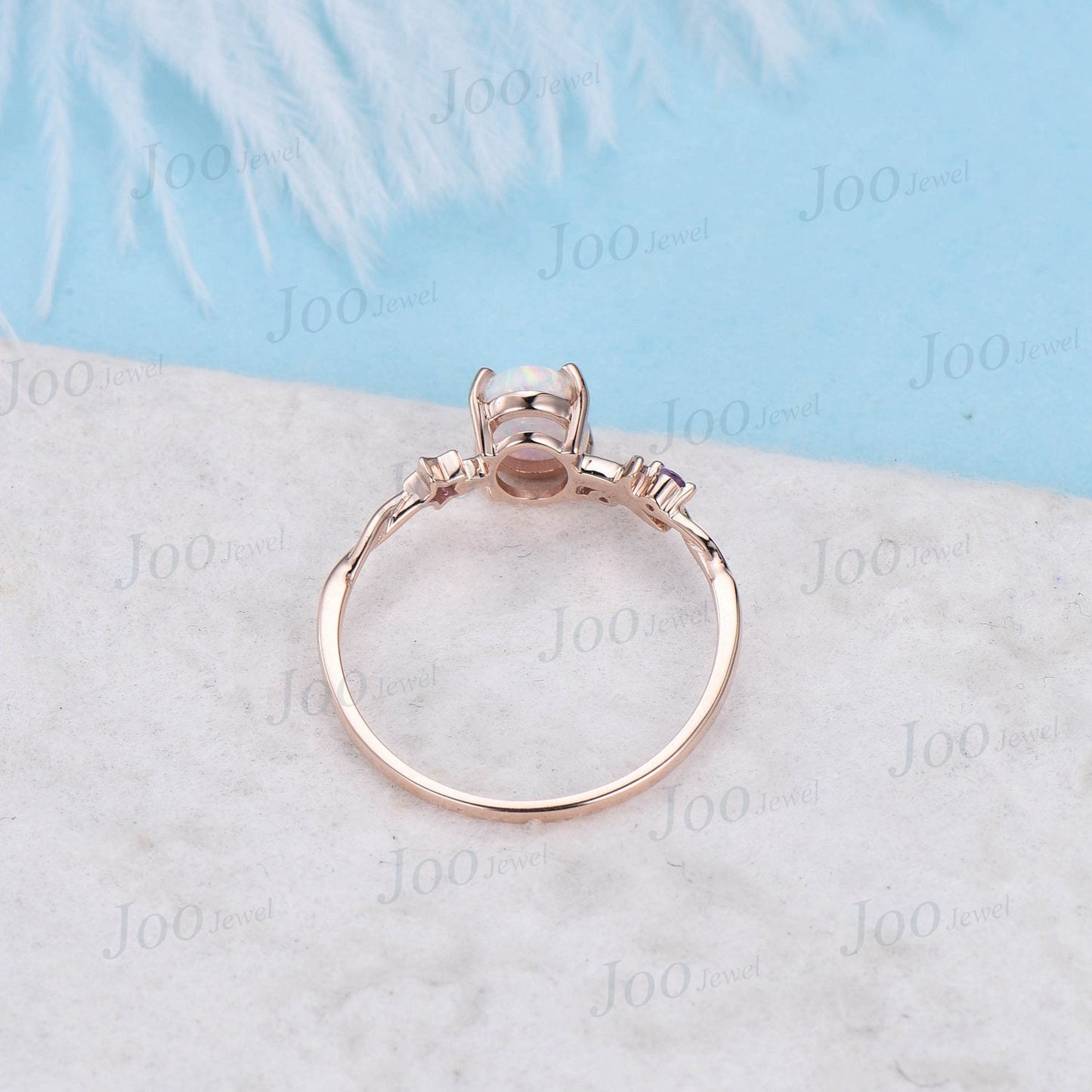 Moon Star Engagement Ring 1.5ct Oval Cut White Opal Cluster Wedding Ring 10K Rose Gold Purple Amethyst Crystal Celestial Ring Promise Ring