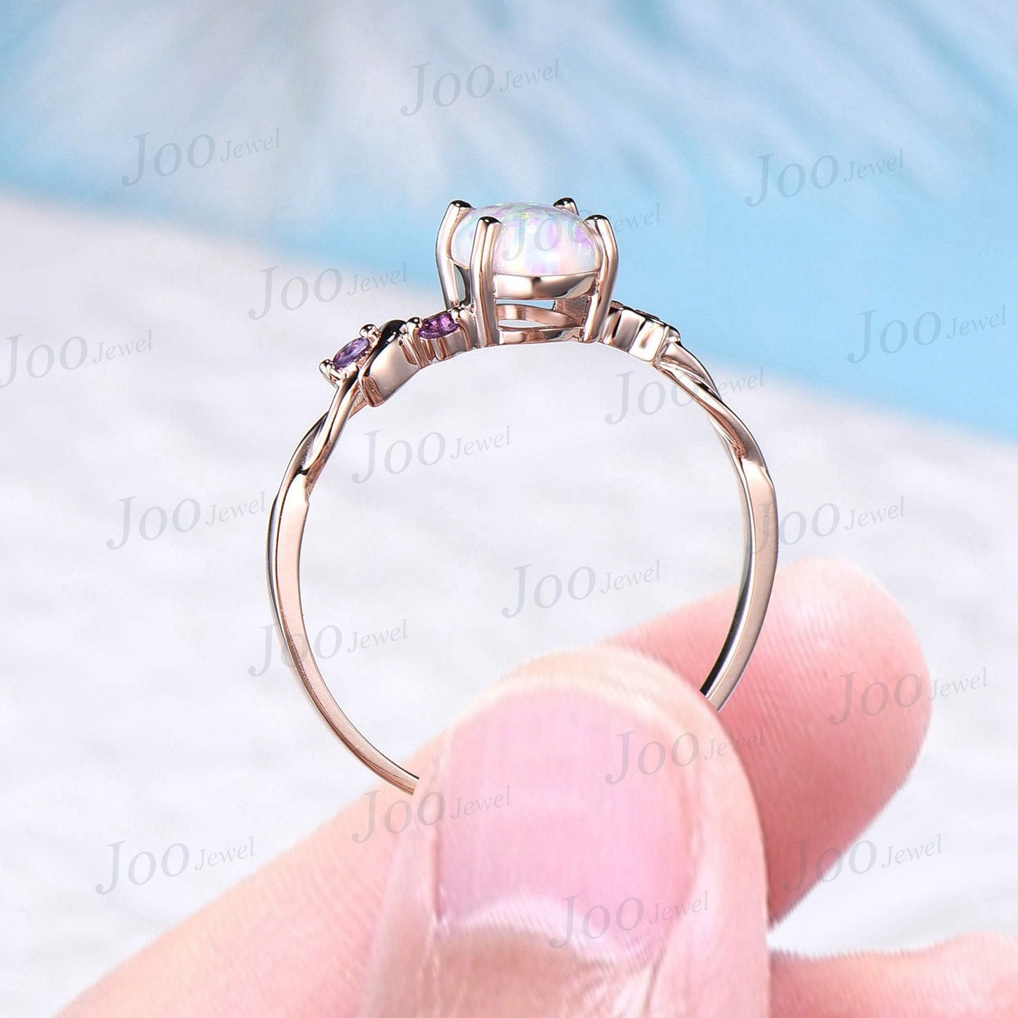 Moon Star Engagement Ring 1.5ct Oval Cut White Opal Cluster Wedding Ring 10K Rose Gold Purple Amethyst Crystal Celestial Ring Promise Ring