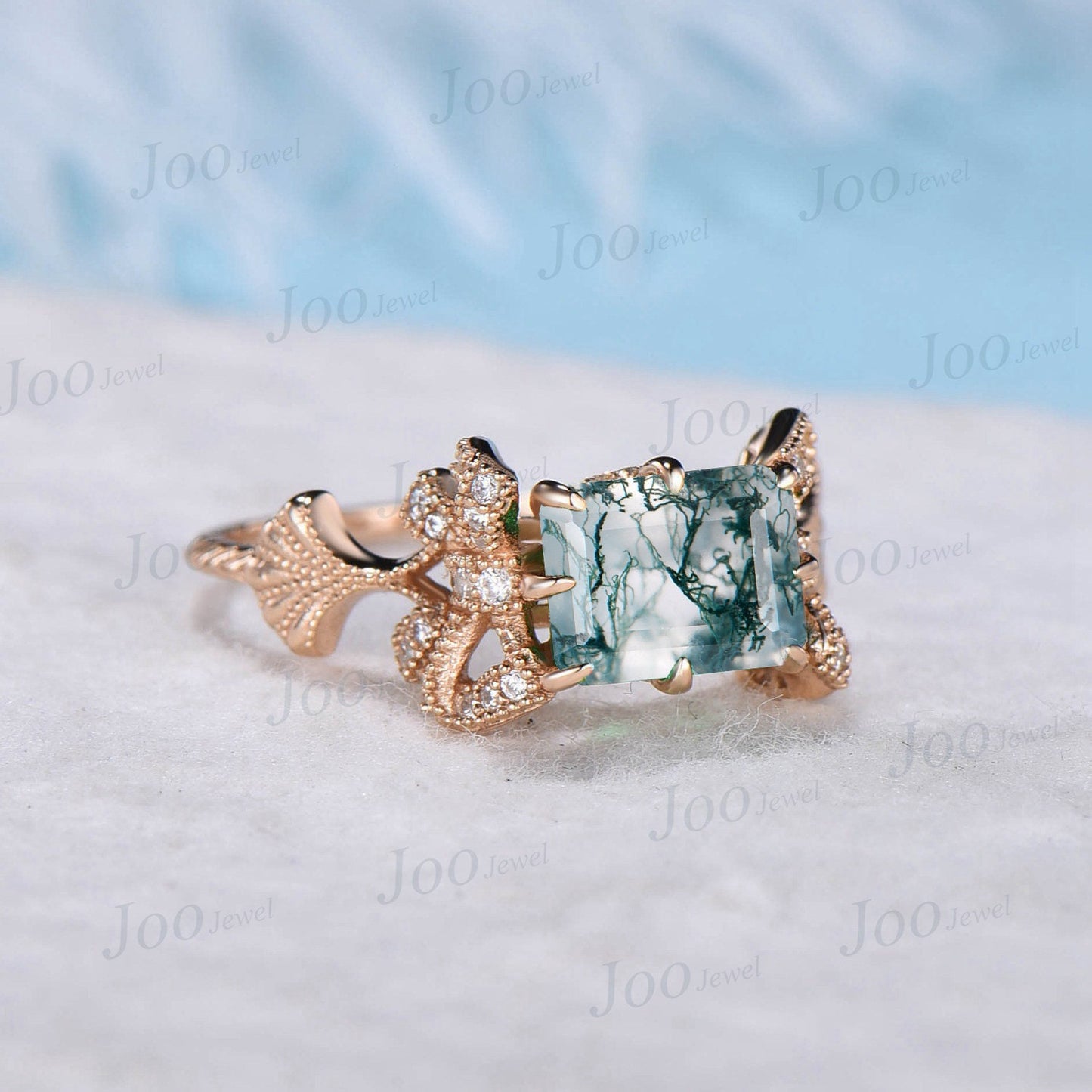 Nature Inspired Green Moss Agate Engagement Ring Ginkgo Biloba Leaf Ring 10K Gold Ginkgo Jewelry Bow Tie Moissanite West East Wedding Rings