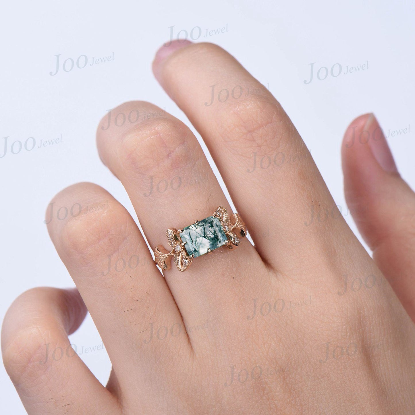 Nature Inspired Green Moss Agate Engagement Ring Ginkgo Biloba Leaf Ring 10K Gold Ginkgo Jewelry Bow Tie Moissanite West East Wedding Rings