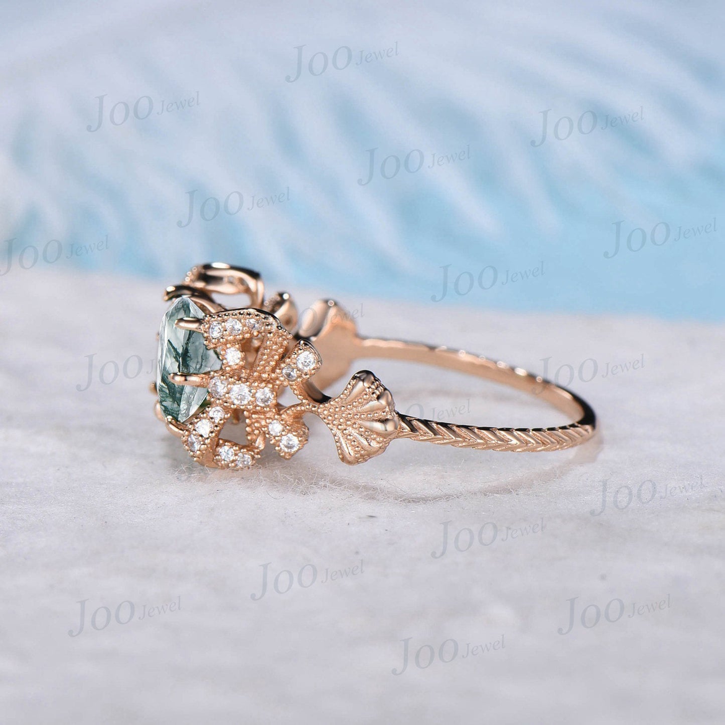 Nature Inspired Green Moss Agate Engagement Ring Ginkgo Biloba Leaf Ring 10K Gold Ginkgo Jewelry Bow Tie Moissanite West East Wedding Rings