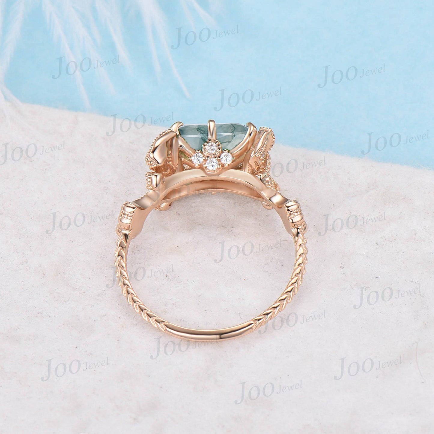 Nature Inspired Green Moss Agate Engagement Ring Ginkgo Biloba Leaf Ring 10K Gold Ginkgo Jewelry Bow Tie Moissanite West East Wedding Rings