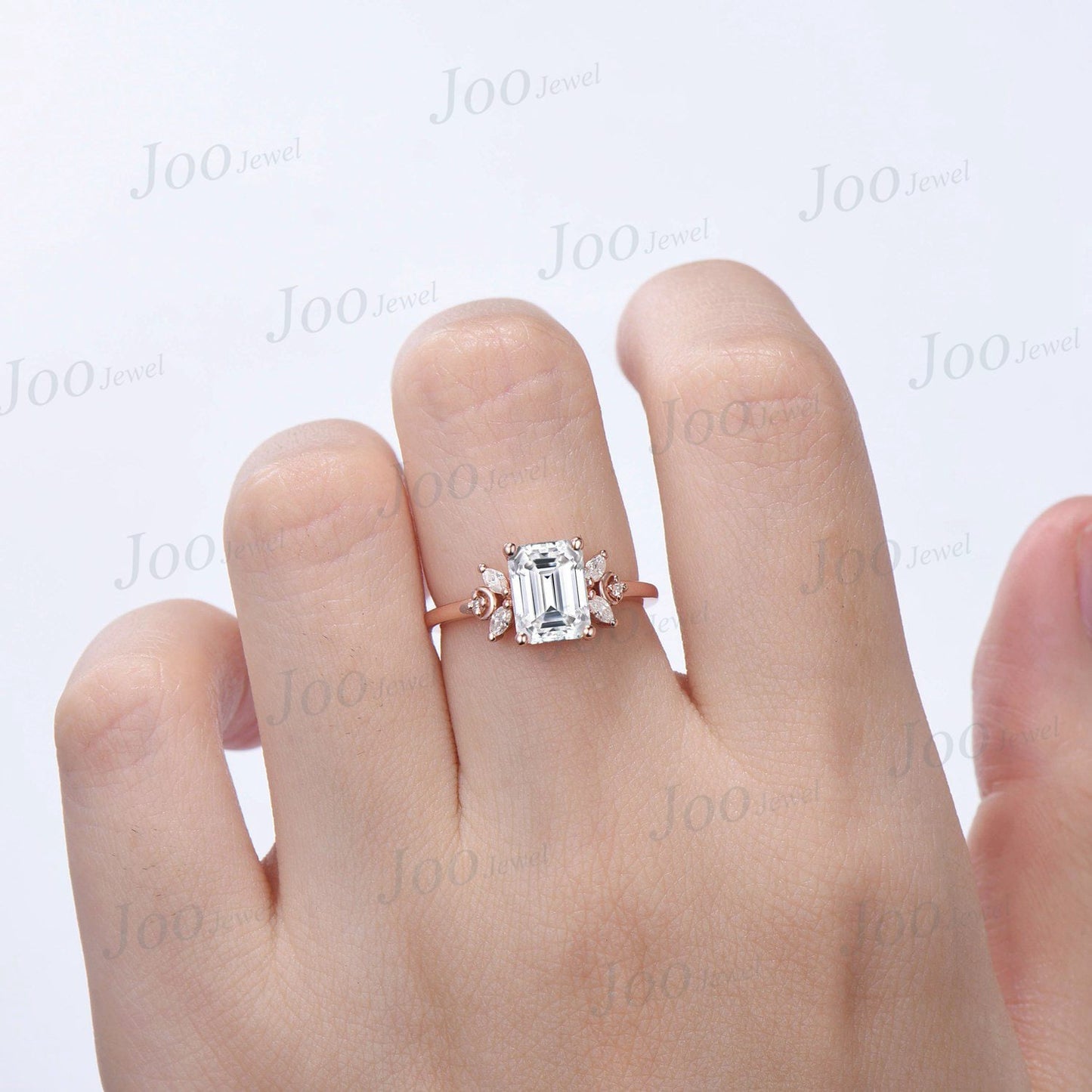 2ct Emerald Cut Moissanite Ring Unique Moissanite Diamond Crescent Moon Engagement Ring April Birthstone Cluster Ring Anniversary Gift Women