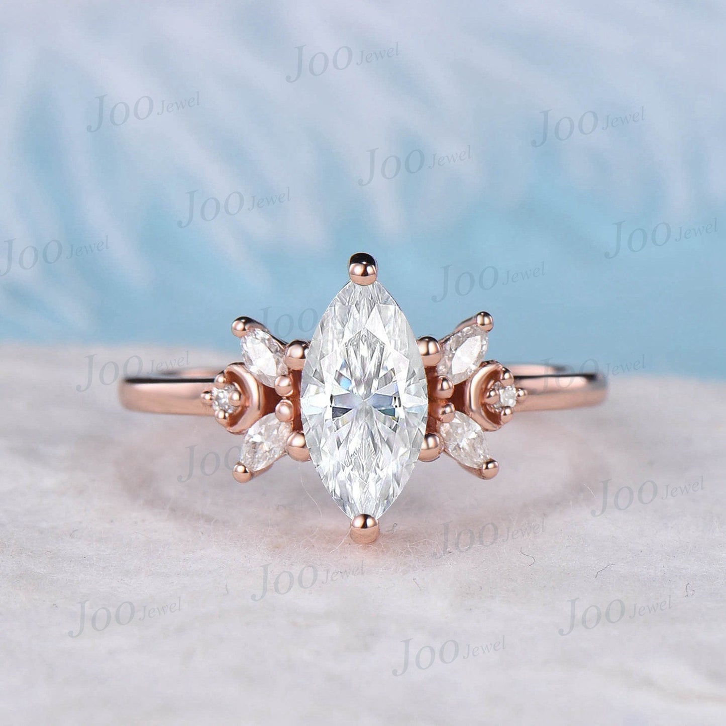 2ct Emerald Cut Moissanite Ring Unique Moissanite Diamond Crescent Moon Engagement Ring April Birthstone Cluster Ring Anniversary Gift Women