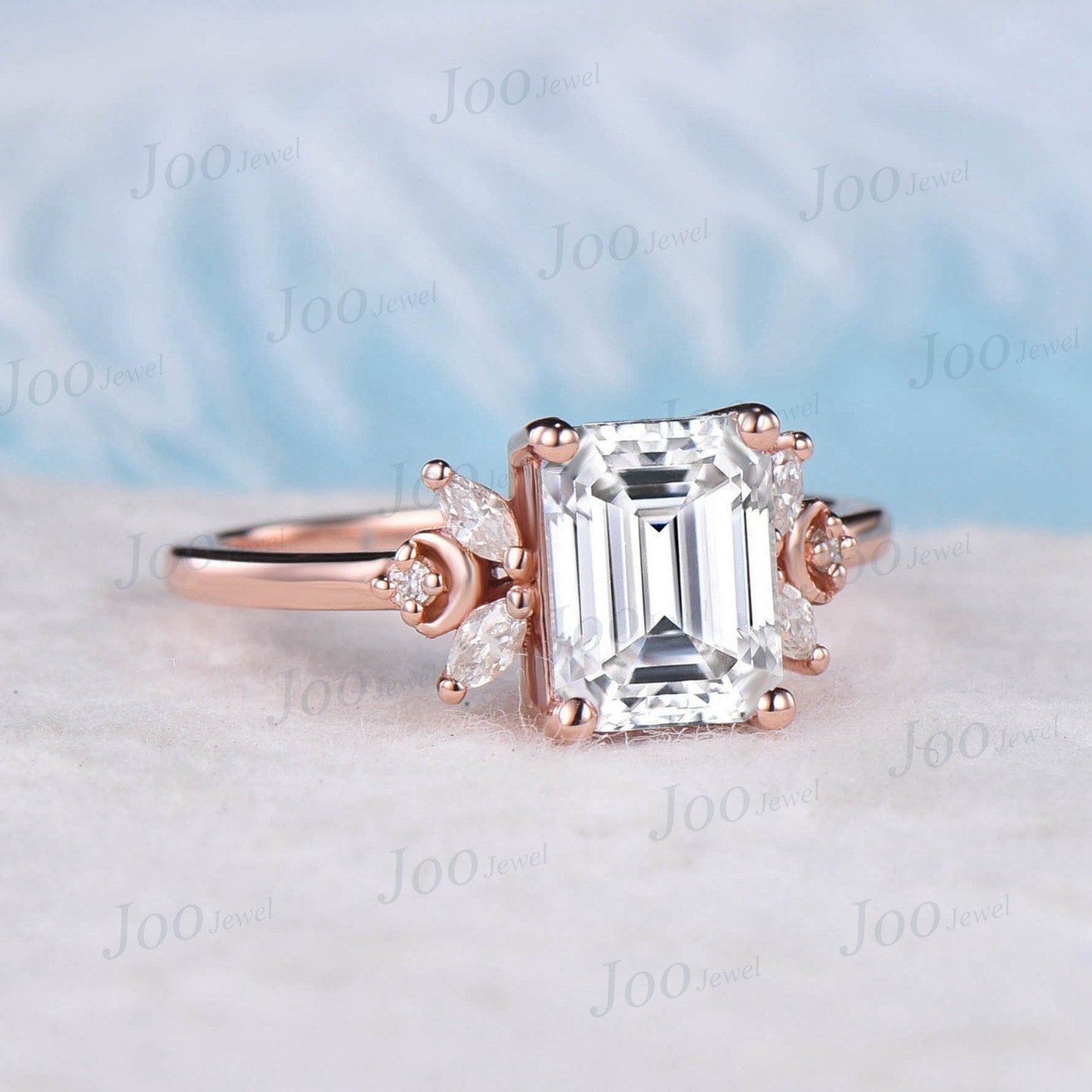 2ct Emerald Cut Moissanite Ring Unique Moissanite Diamond Crescent Moon Engagement Ring April Birthstone Cluster Ring Anniversary Gift Women