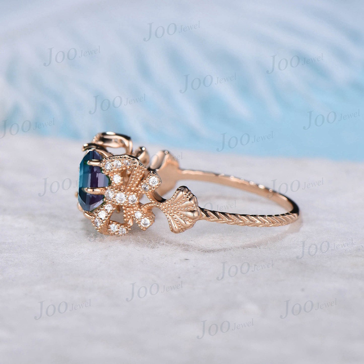 Nature Inspired 2ct Emerald Cut East West Alexandrite Engagement Ring Ginkgo Biloba Leaf Ring 10K Gold Ginkgo Jewelry Bow Tie Promise Ring