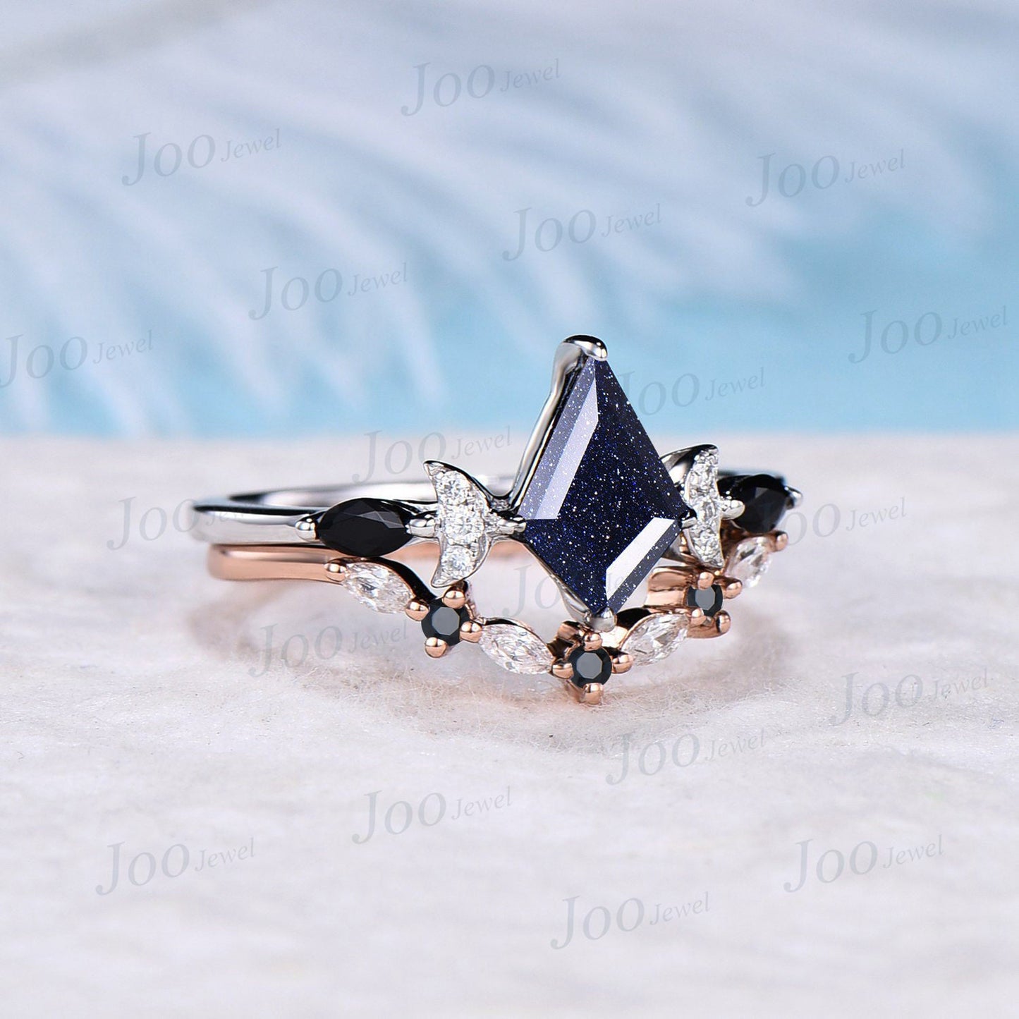 1ct Kite Galaxy Blue Sandstone Celestial Engagement Ring Set Half Moon Moissanite Wedding Ring Set 10K Rose Gold Black Gemstone Bridal Set