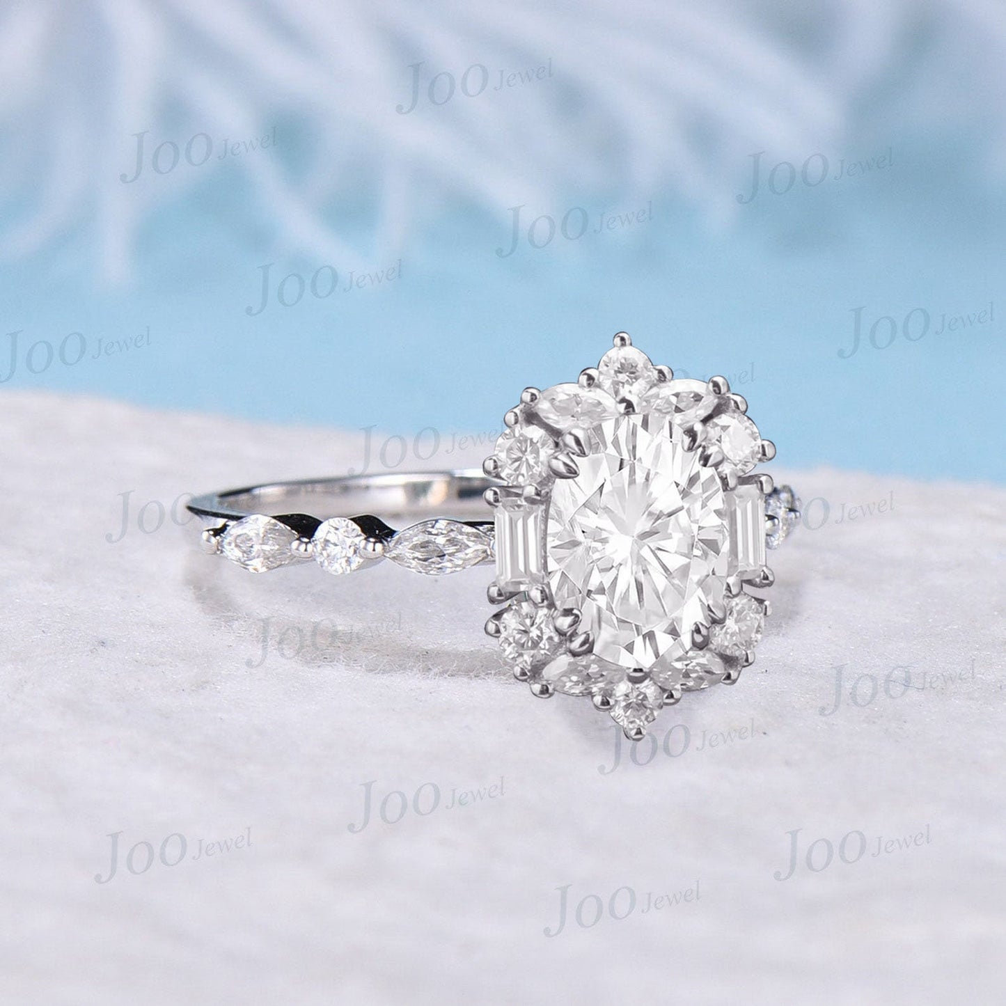 Oval Wedding Ring Unique Moissanite Half Eternity Engagement Ring 10K White Gold April Birthstone Moissanite Diamond Halo Ring Promise Gift