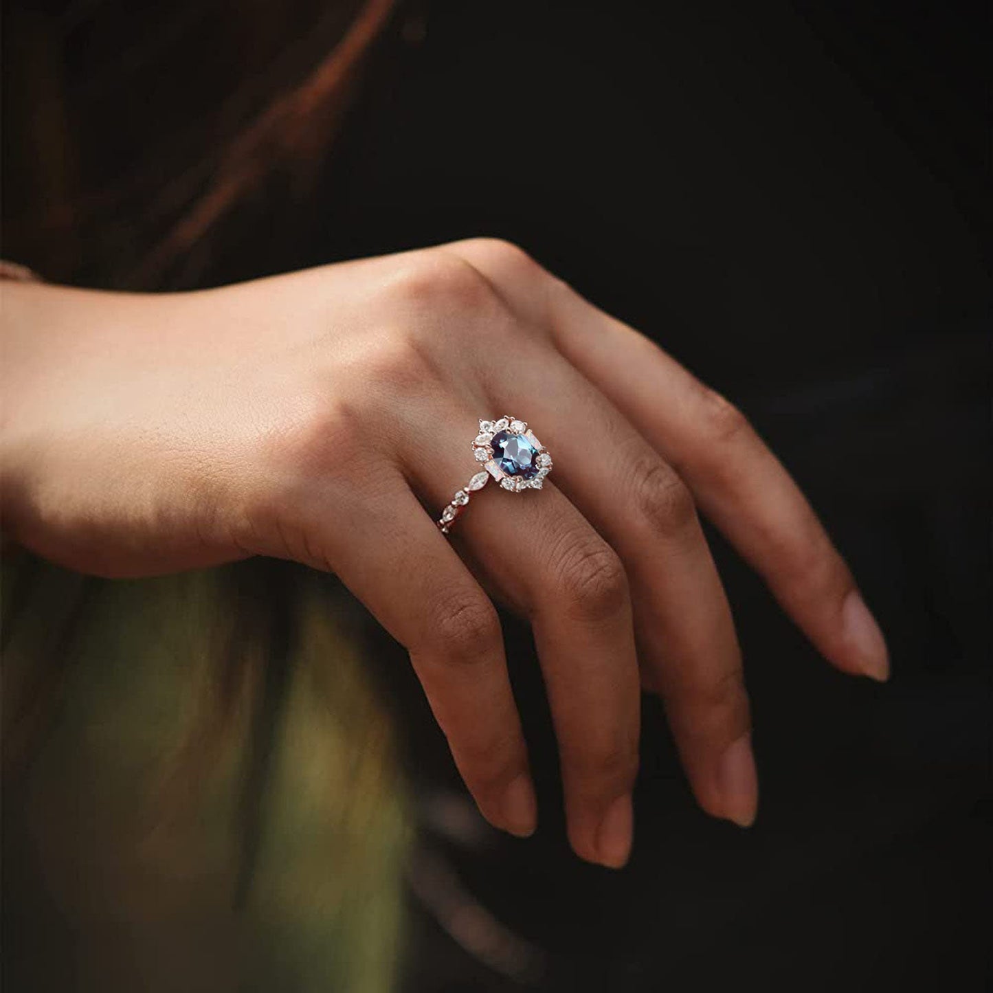 Oval Alexandrite Ring Unique Half Eternity Alexandrite Engagement Ring 10K White Gold Halo Moissanite Opal Ring Modern Unique Promise Gift