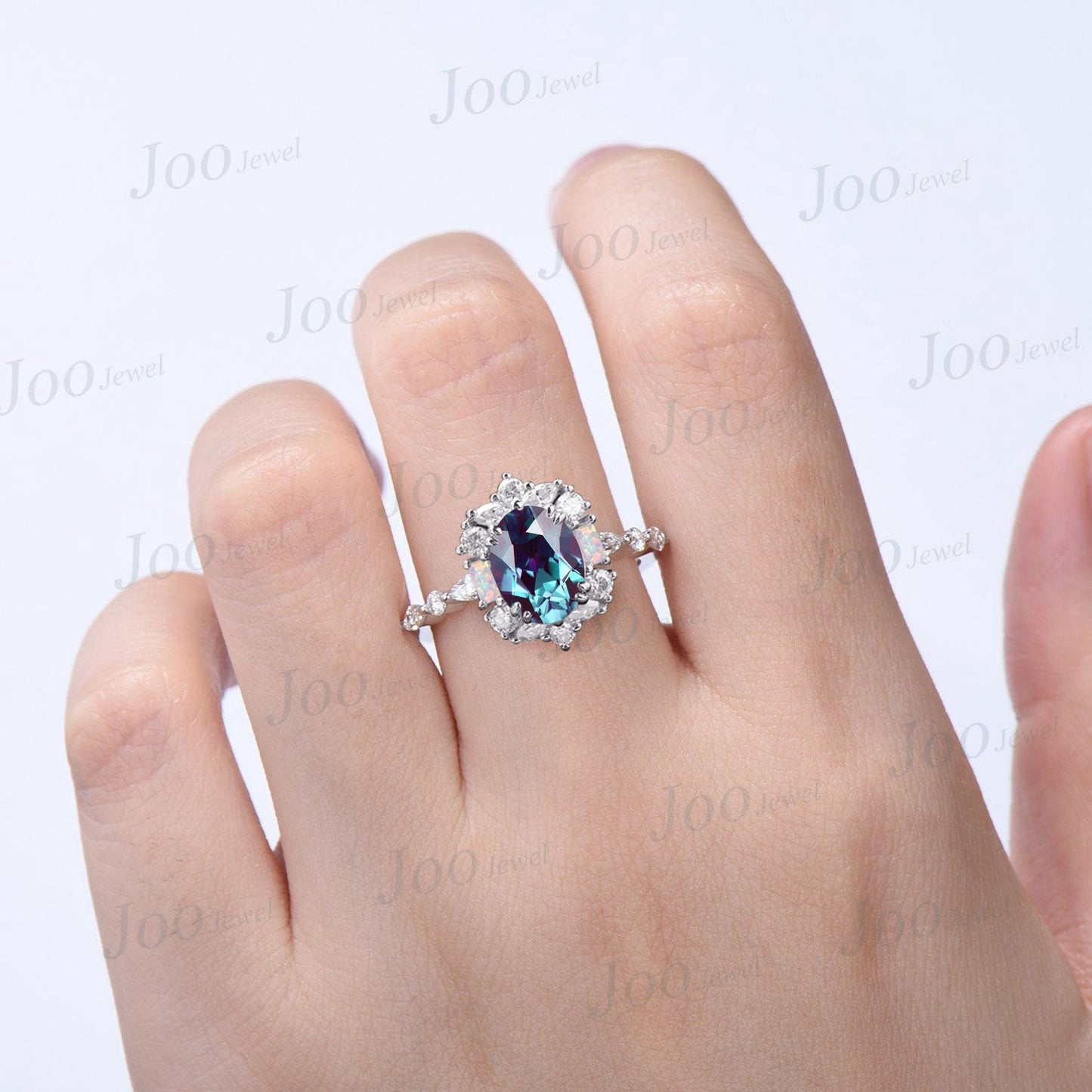 Oval Alexandrite Ring Unique Half Eternity Alexandrite Engagement Ring 10K White Gold Halo Moissanite Opal Ring Modern Unique Promise Gift