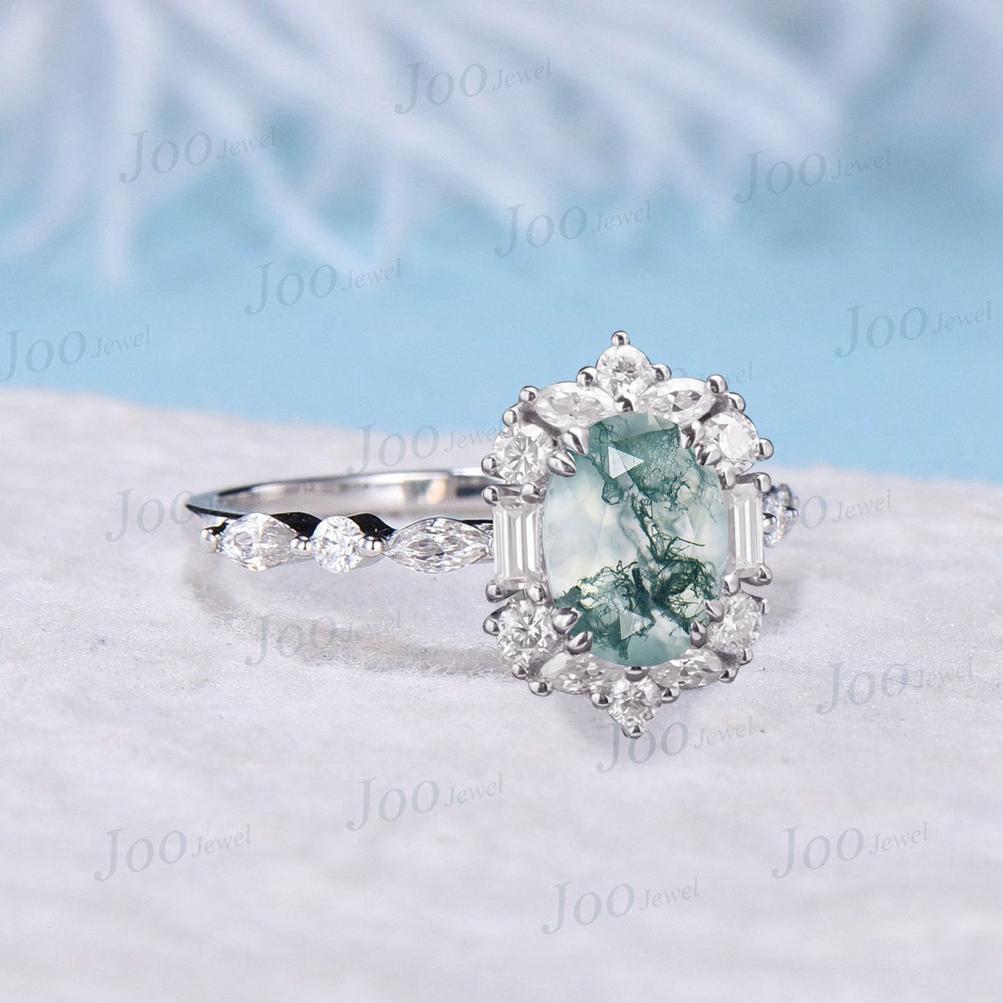 Oval Cut Natural Moss Agate Halo Engagement Rings 14k White Gold Cluster Aquatic Agate Promise Ring Half Eternity Moissanite Wedding Ring