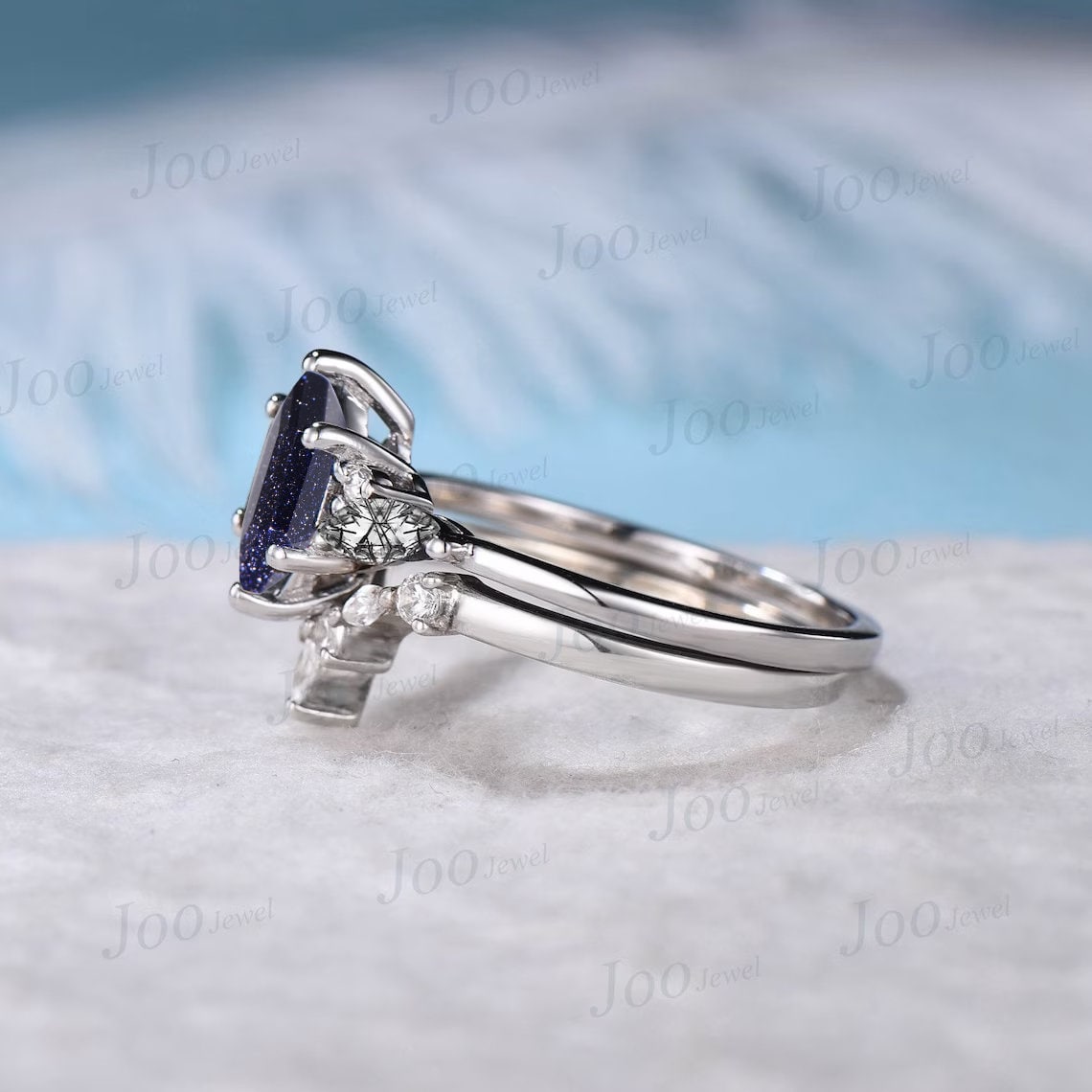 Hexagon Cut Blue Sandstone Engagement Ring Set Platinum Ring Vintage Marquise Black Rutile Crystal Ring Unique Black Wedding Ring Set Women