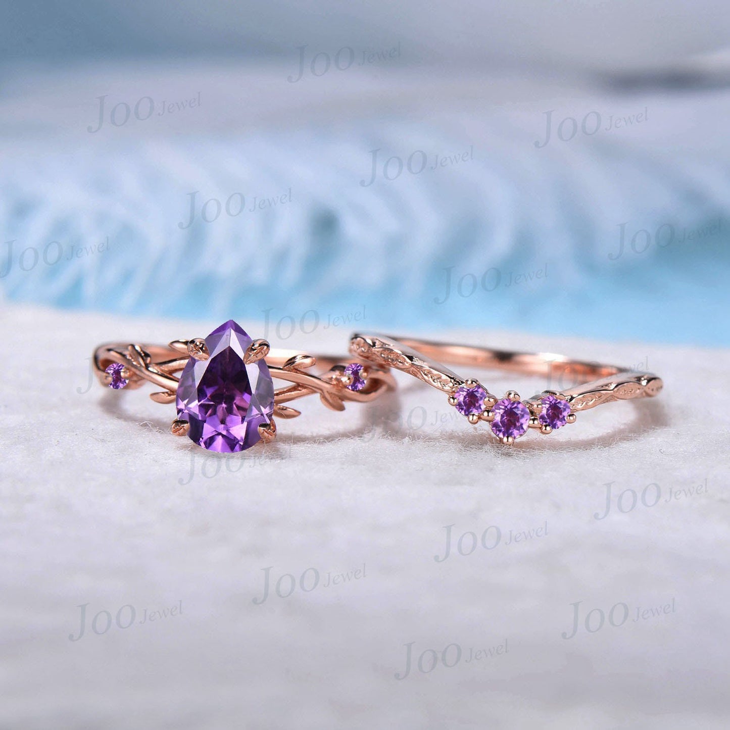1.25ct Nature Inspired Twig Pear Amethyst Crystal Engagement Ring Set Purple Gemstone Jewelry Branch Vine Natural Purple Wedding Ring Set