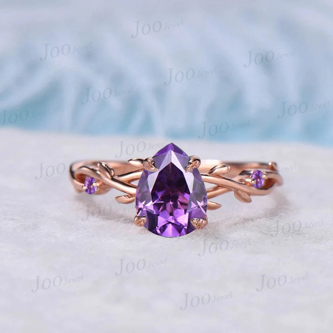 1.25ct Nature Inspired Twig Pear Amethyst Crystal Engagement Ring Set Purple Gemstone Jewelry Branch Vine Natural Purple Wedding Ring Set