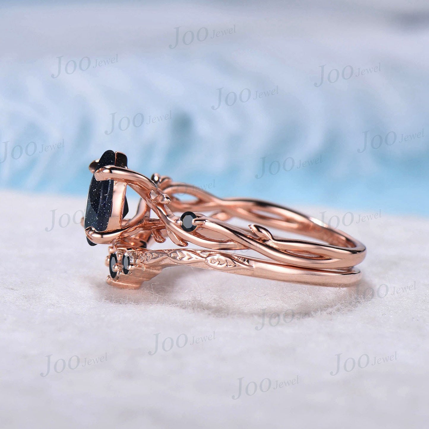 1.25ct Pear Twig Blue Sandstone Ring Set Nature Inspired Galaxy Starry Sky Blue Goldstone Engagement Ring Black Gemstone Ring Proposal Gift