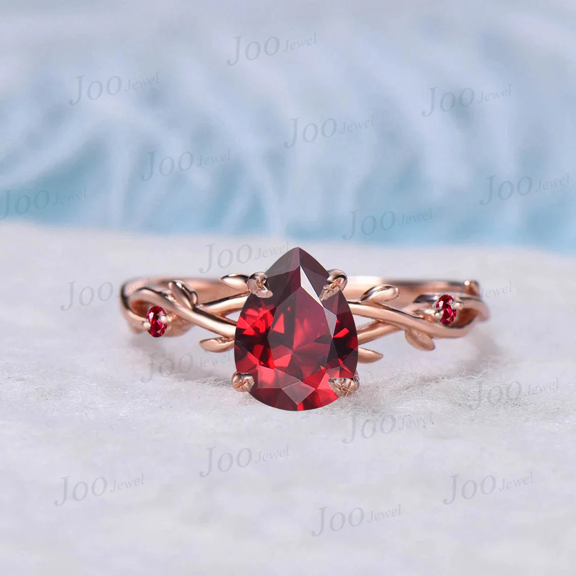 Nature Inspired Vine Twist Pear Red Ruby Ring Set Rose Gold Red Gemstone Engagement Ring Set July Birthstone Bridal Set Unique Promise Gift