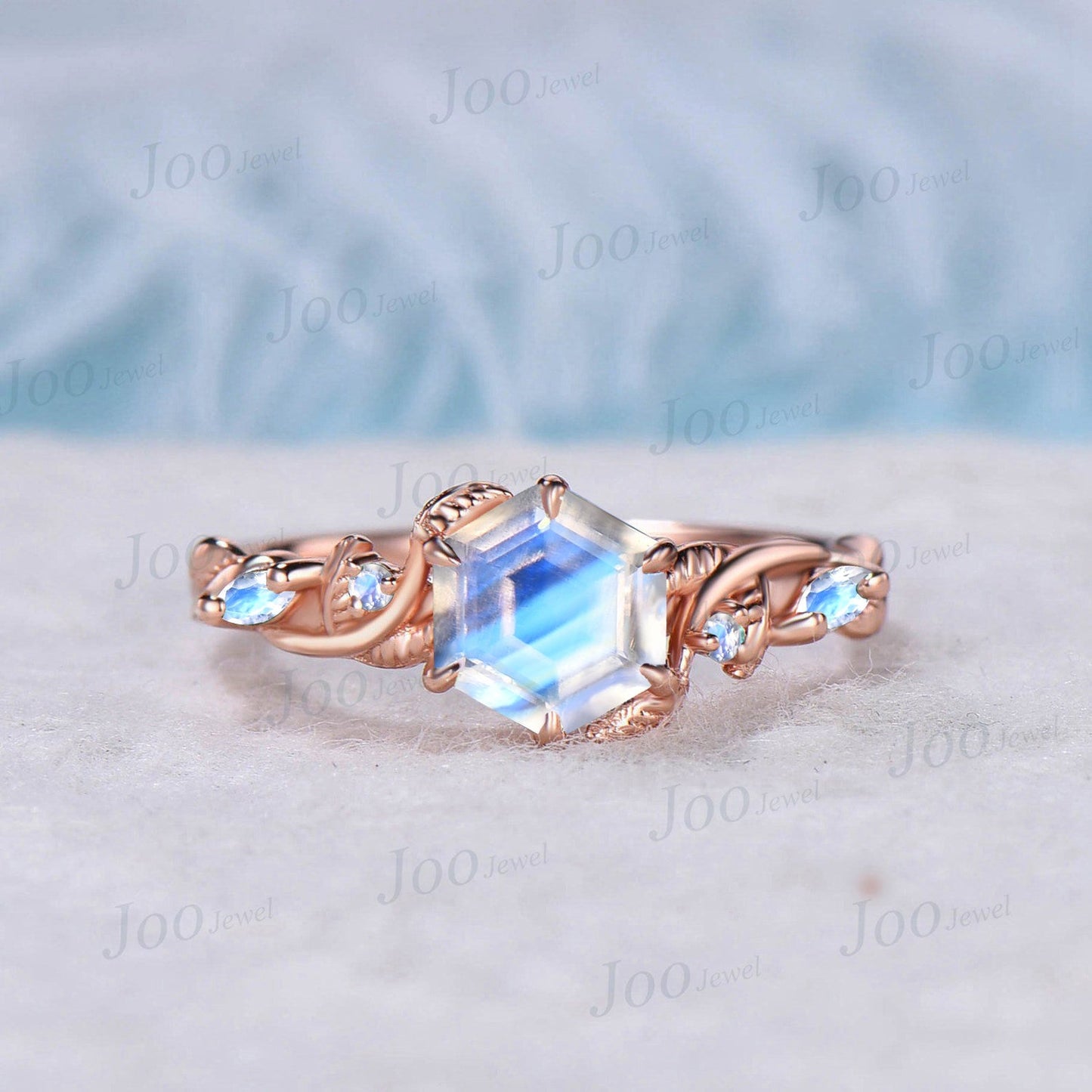 Twisted Branch 1CT Hexagon Cut Natural Moonstone Emerald Ring Set June Birthstone Wedding Ring Handmade Nature Inspired Opal Moissanite Ring