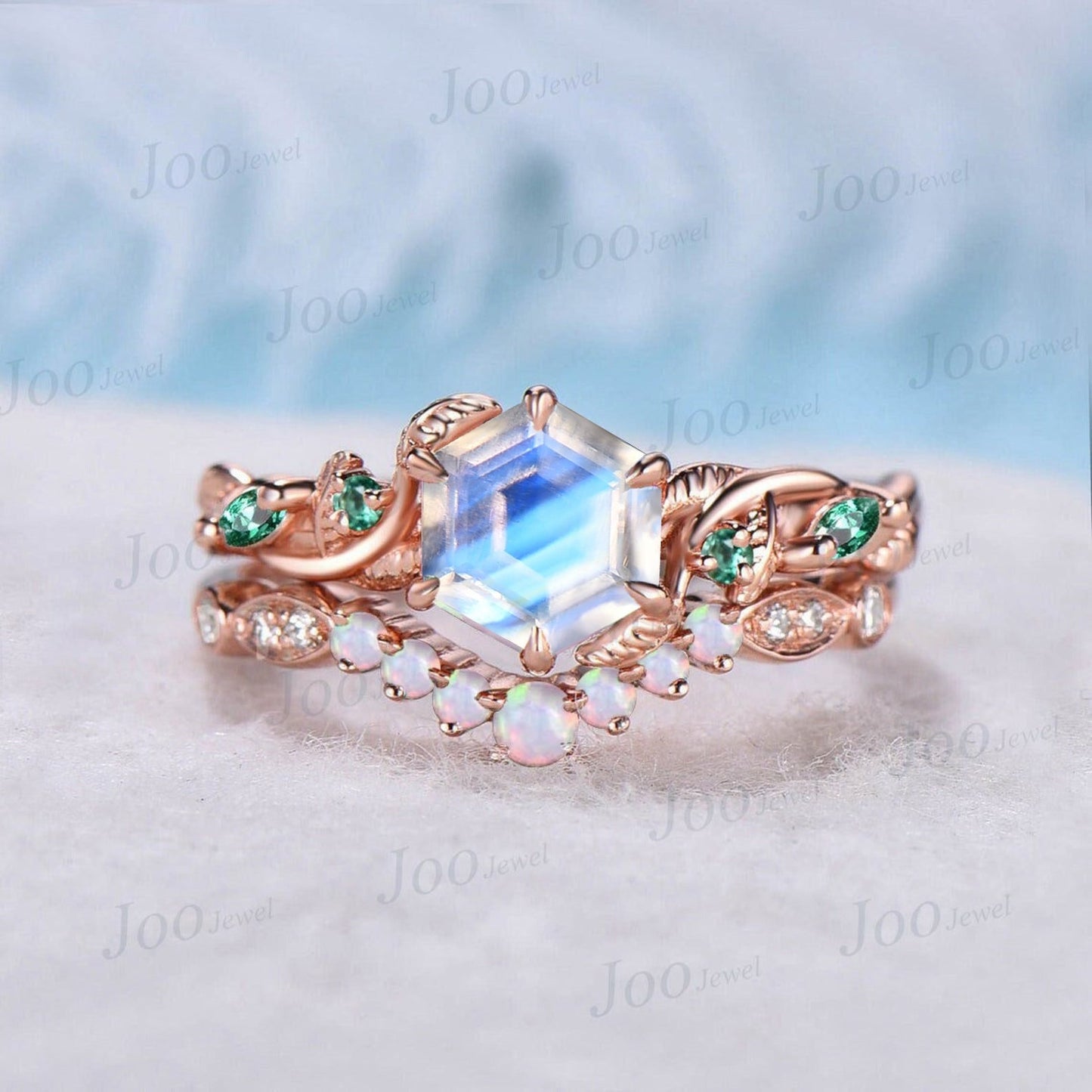 Twisted Branch 1CT Hexagon Cut Natural Moonstone Emerald Ring Set June Birthstone Wedding Ring Handmade Nature Inspired Opal Moissanite Ring