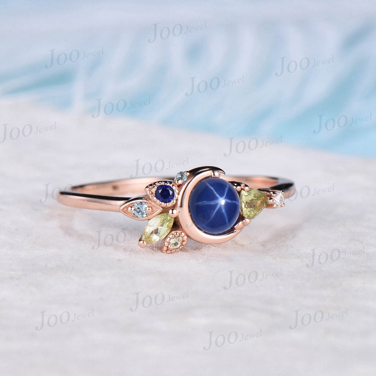 Round Star Sapphire Engagement Ring Moon Wedding Ring Personalized Peridot Milgrain Multi-Stone Cluster Engagement Ring Unique Promise Ring